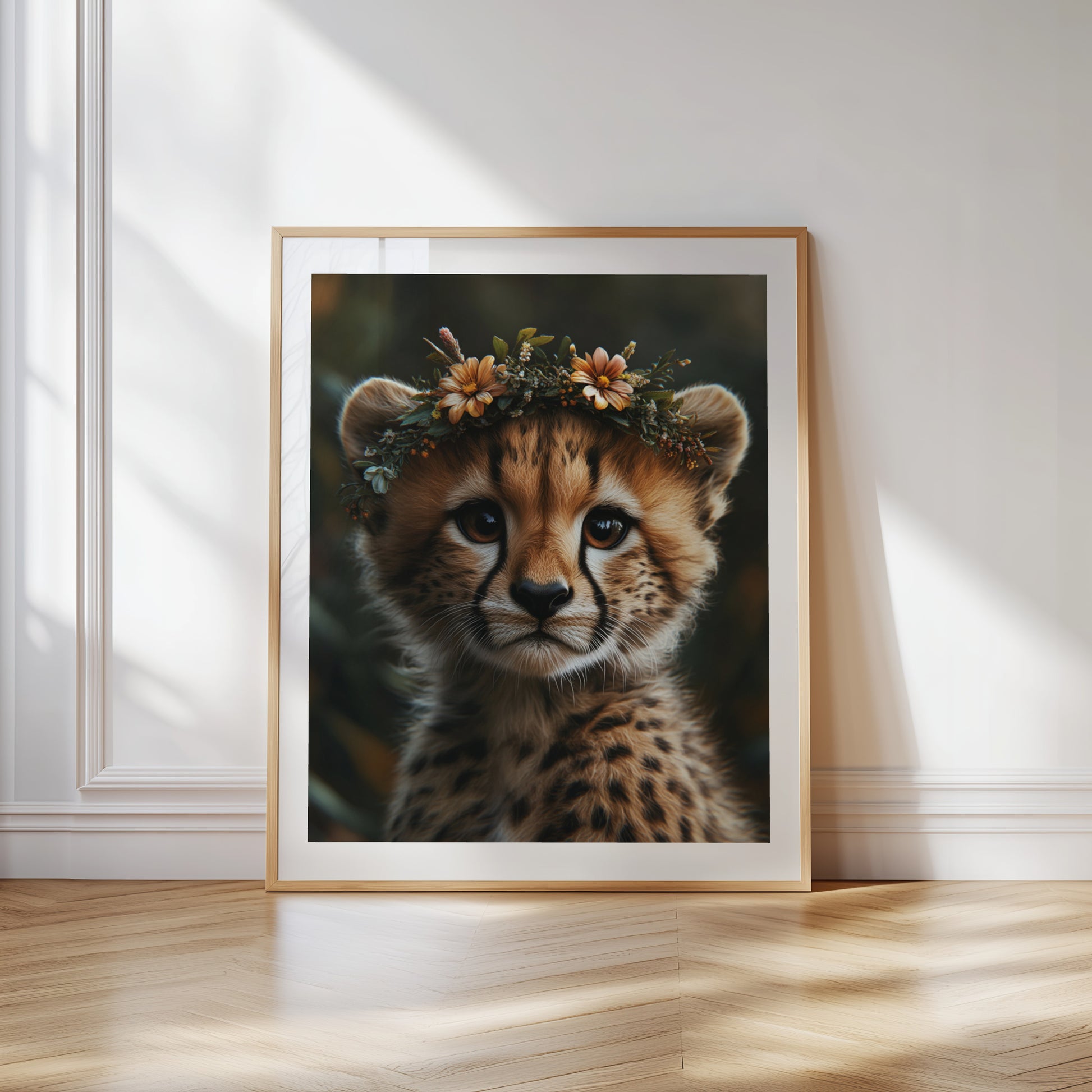 Adorable baby cheetah printable wall art with orange and white flower crown – perfect for safari nursery themes, kids’ rooms, or animal lovers. Includes high-resolution JPG files in multiple sizes. A sweet and unique Dezinbazar illustration that brings wild beauty and gentle charm into your space.