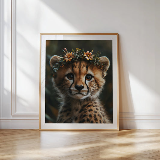 Adorable baby cheetah printable wall art with orange and white flower crown – perfect for safari nursery themes, kids’ rooms, or animal lovers. Includes high-resolution JPG files in multiple sizes. A sweet and unique Dezinbazar illustration that brings wild beauty and gentle charm into your space.