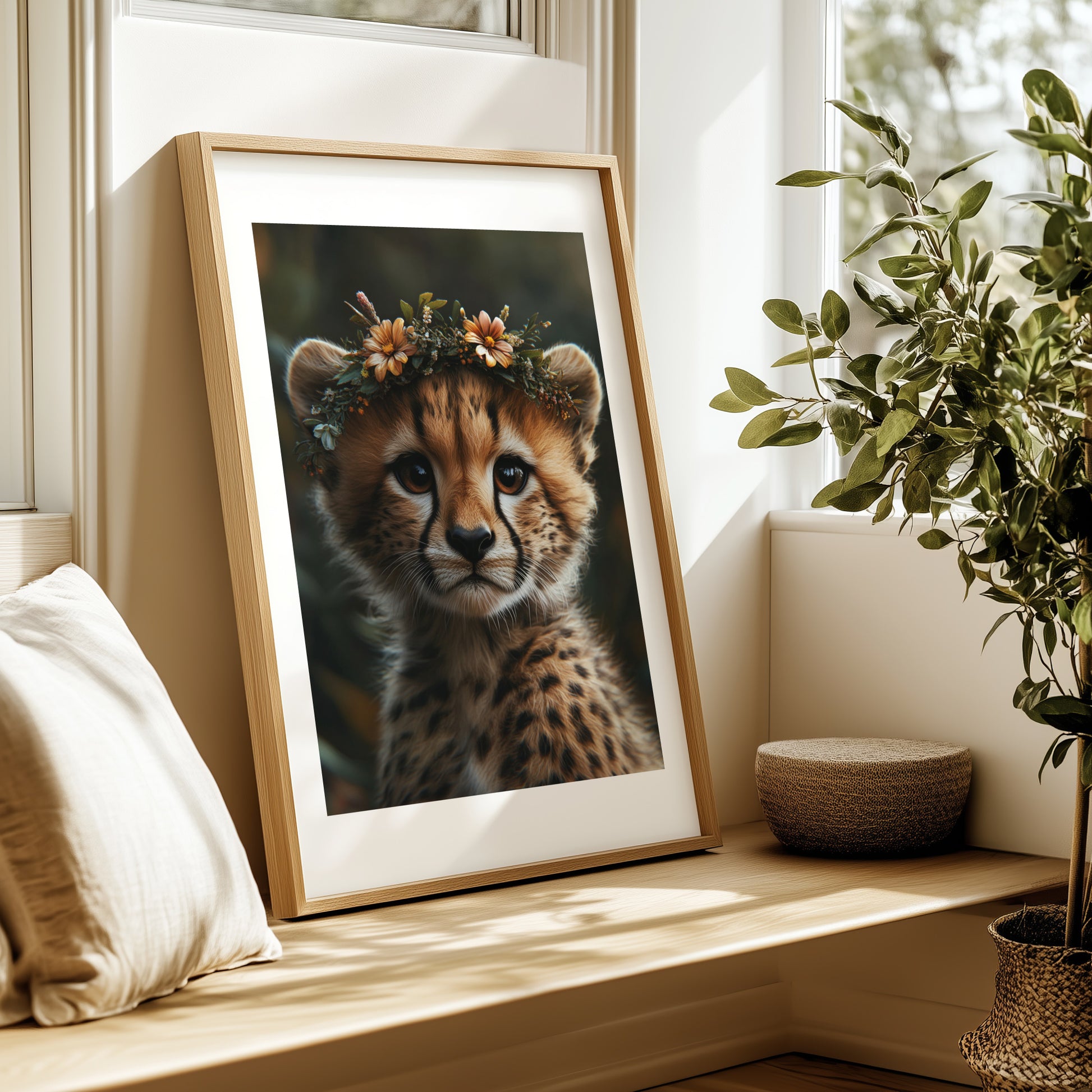 Adorable baby cheetah printable wall art with orange and white flower crown – perfect for safari nursery themes, kids’ rooms, or animal lovers. Includes high-resolution JPG files in multiple sizes. A sweet and unique Dezinbazar illustration that brings wild beauty and gentle charm into your space.