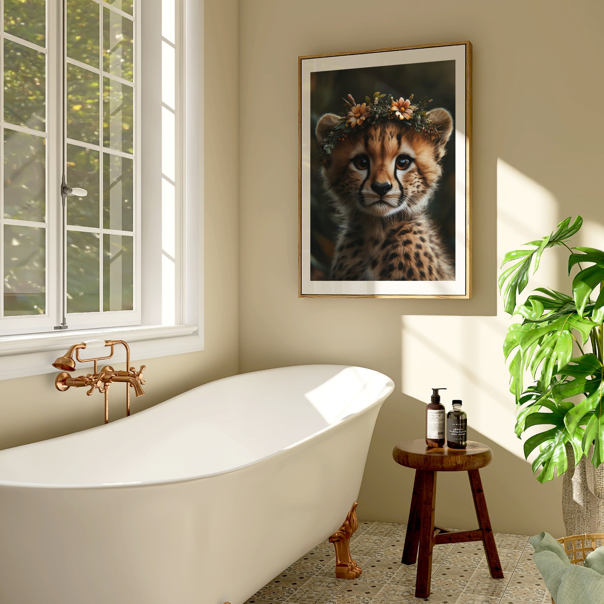 Adorable baby cheetah printable wall art with orange and white flower crown – perfect for safari nursery themes, kids’ rooms, or animal lovers. Includes high-resolution JPG files in multiple sizes. A sweet and unique Dezinbazar illustration that brings wild beauty and gentle charm into your space.