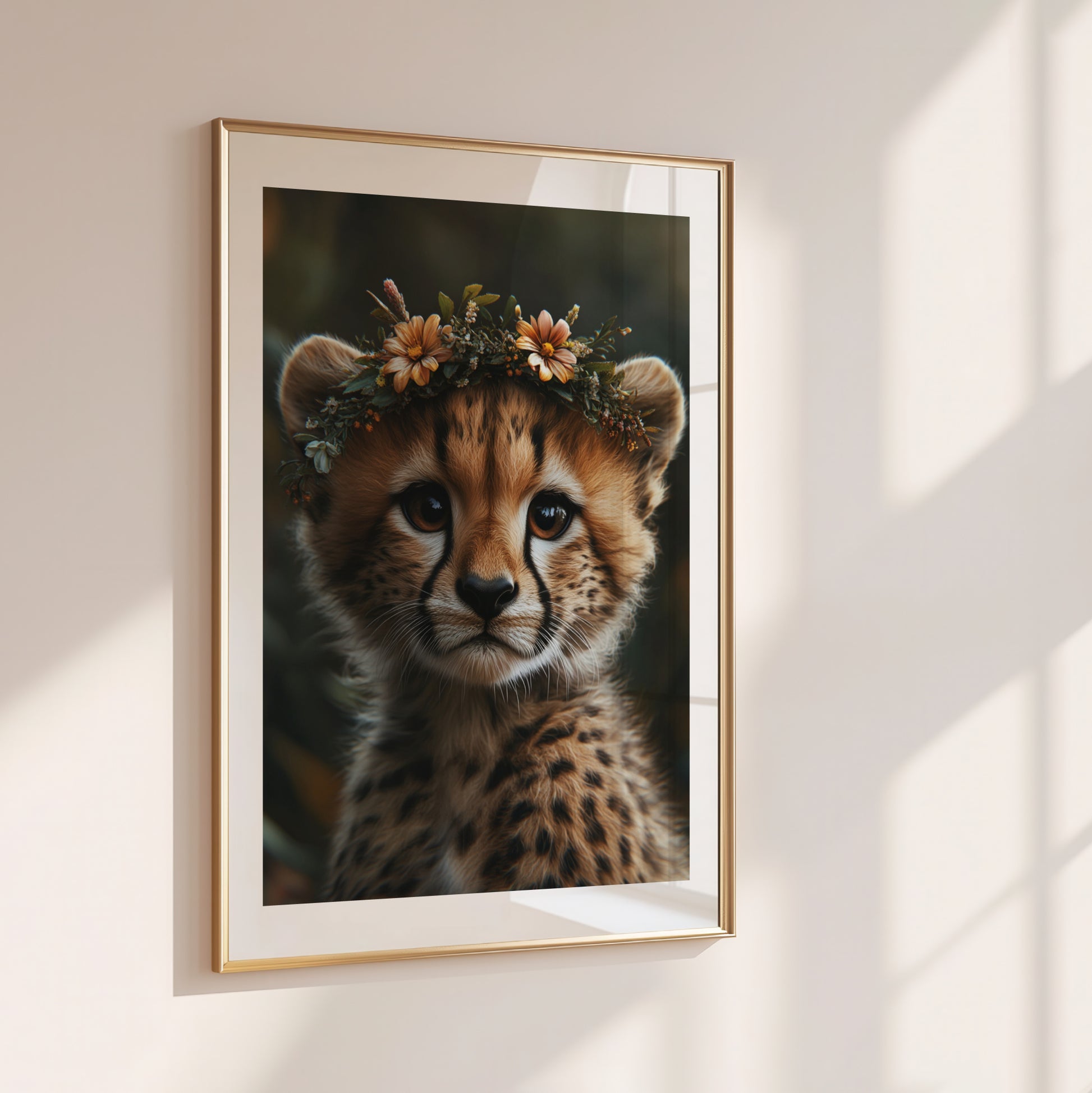Adorable baby cheetah printable wall art with orange and white flower crown – perfect for safari nursery themes, kids’ rooms, or animal lovers. Includes high-resolution JPG files in multiple sizes. A sweet and unique Dezinbazar illustration that brings wild beauty and gentle charm into your space.