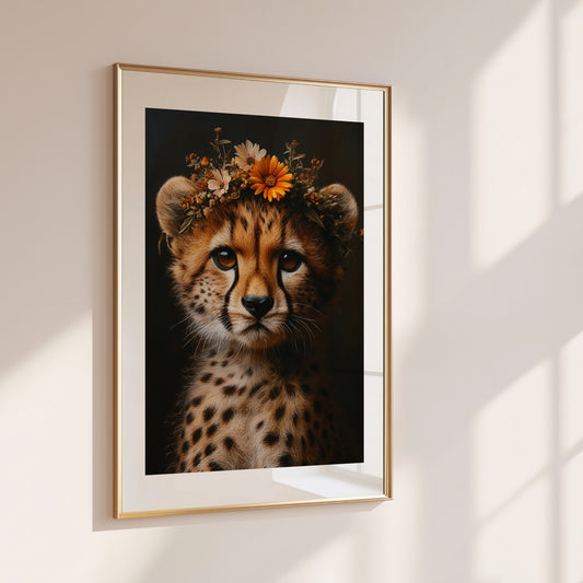 Adorable digital print of a baby cheetah with flower crown – perfect wall decor for nursery, bathroom or living space with safari vibes. This lovingly illustrated animal artwork brings warmth and charm to any room. The high-resolution download includes four file ratios in 300 DPI for sharp and professional-quality printing at home or through a print shop. A unique and heartwarming Dezinbazar design for animal lovers and thoughtful parents.
