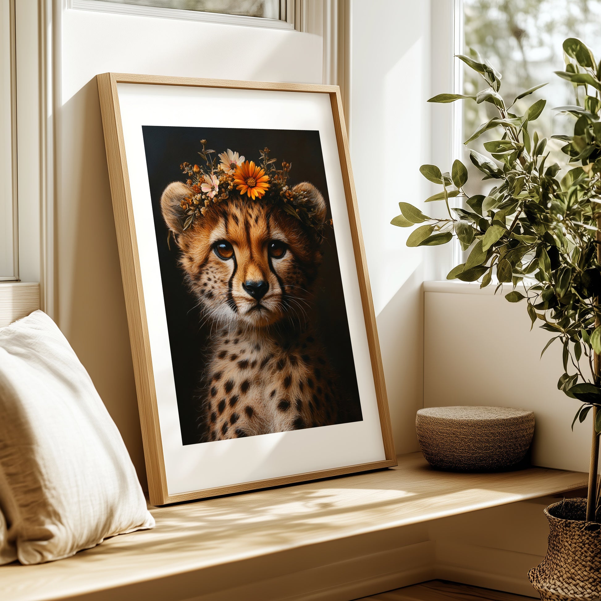 Adorable digital print of a baby cheetah with flower crown – perfect wall decor for nursery, bathroom or living space with safari vibes. This lovingly illustrated animal artwork brings warmth and charm to any room. The high-resolution download includes four file ratios in 300 DPI for sharp and professional-quality printing at home or through a print shop. A unique and heartwarming Dezinbazar design for animal lovers and thoughtful parents.