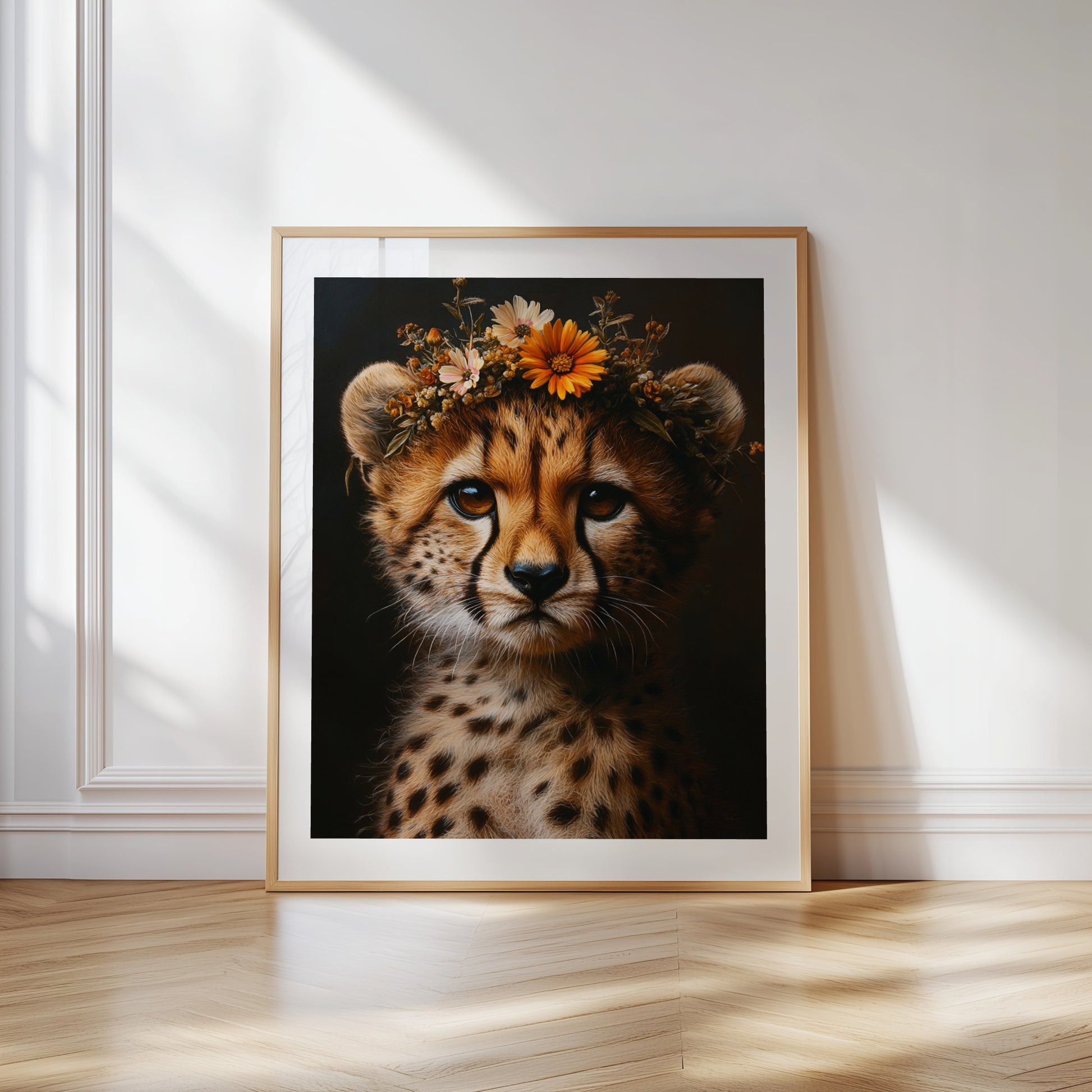 Adorable digital print of a baby cheetah with flower crown – perfect wall decor for nursery, bathroom or living space with safari vibes. This lovingly illustrated animal artwork brings warmth and charm to any room. The high-resolution download includes four file ratios in 300 DPI for sharp and professional-quality printing at home or through a print shop. A unique and heartwarming Dezinbazar design for animal lovers and thoughtful parents.