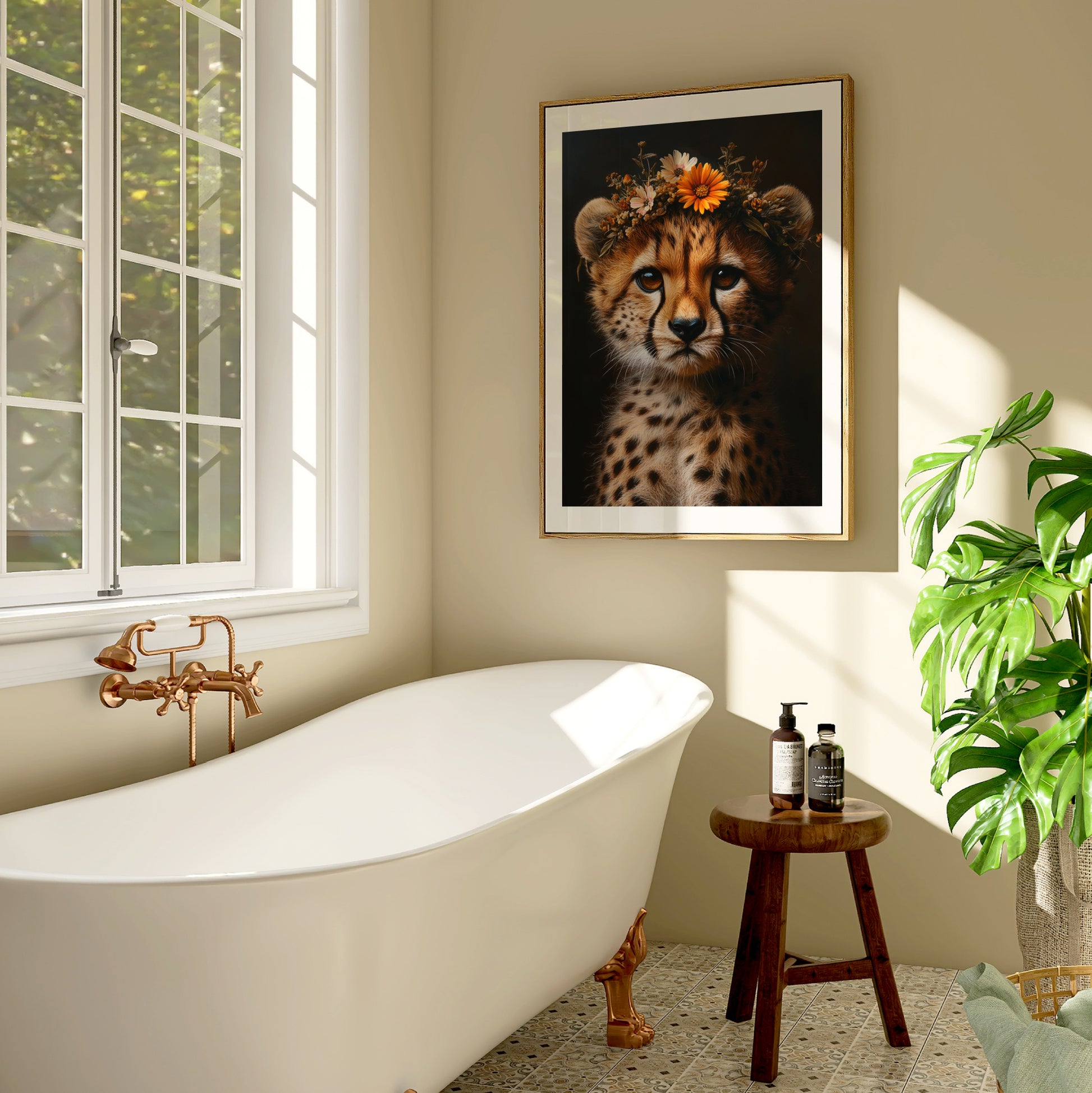 Adorable digital print of a baby cheetah with flower crown – perfect wall decor for nursery, bathroom or living space with safari vibes. This lovingly illustrated animal artwork brings warmth and charm to any room. The high-resolution download includes four file ratios in 300 DPI for sharp and professional-quality printing at home or through a print shop. A unique and heartwarming Dezinbazar design for animal lovers and thoughtful parents.