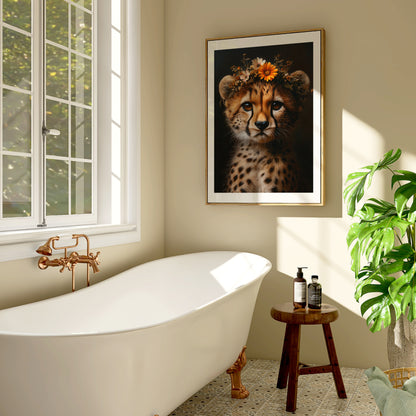 Adorable digital print of a baby cheetah with flower crown – perfect wall decor for nursery, bathroom or living space with safari vibes. This lovingly illustrated animal artwork brings warmth and charm to any room. The high-resolution download includes four file ratios in 300 DPI for sharp and professional-quality printing at home or through a print shop. A unique and heartwarming Dezinbazar design for animal lovers and thoughtful parents.