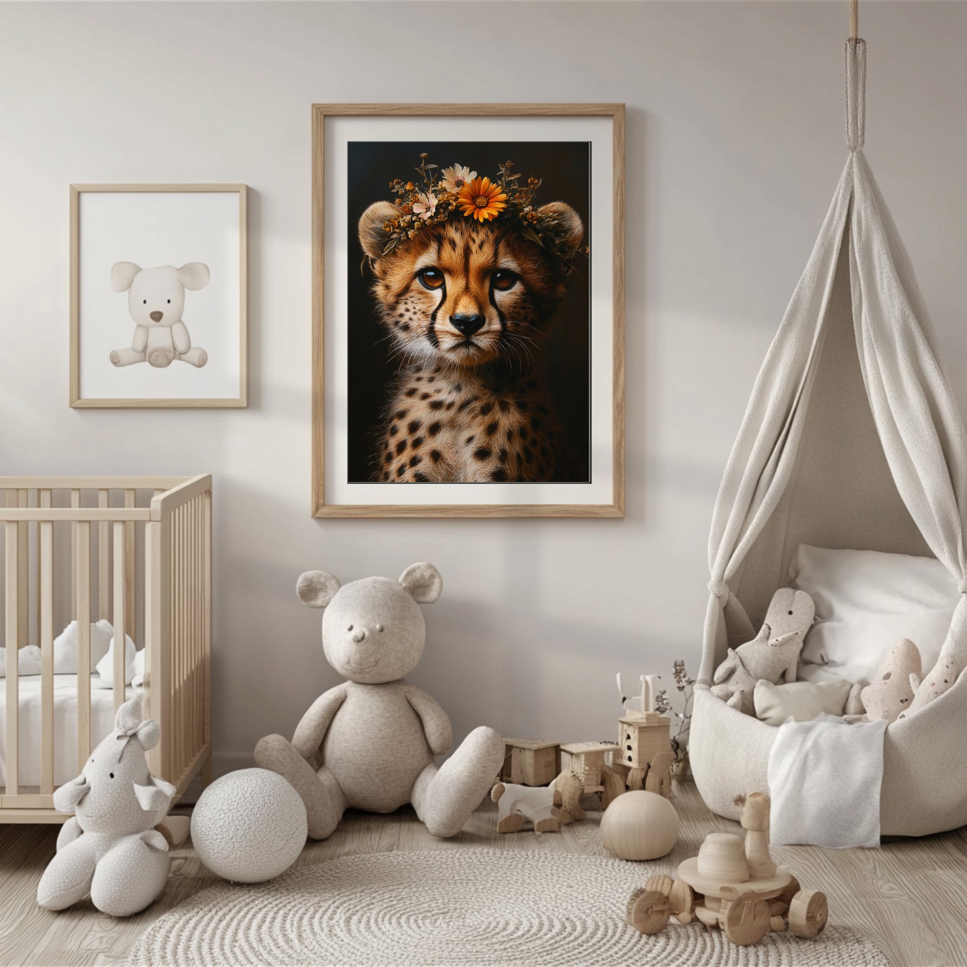 Adorable digital print of a baby cheetah with flower crown – perfect wall decor for nursery, bathroom or living space with safari vibes. This lovingly illustrated animal artwork brings warmth and charm to any room. The high-resolution download includes four file ratios in 300 DPI for sharp and professional-quality printing at home or through a print shop. A unique and heartwarming Dezinbazar design for animal lovers and thoughtful parents.