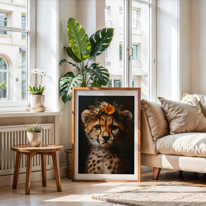 Adorable digital print of a baby cheetah with flower crown – perfect wall decor for nursery, bathroom or living space with safari vibes. This lovingly illustrated animal artwork brings warmth and charm to any room. The high-resolution download includes four file ratios in 300 DPI for sharp and professional-quality printing at home or through a print shop. A unique and heartwarming Dezinbazar design for animal lovers and thoughtful parents.