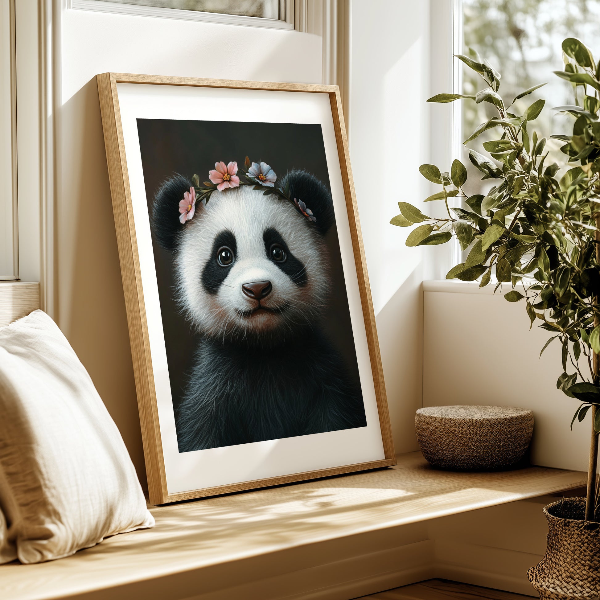 Adorable baby panda with a delicate flower crown – high-resolution digital print for instant download. Perfect for nursery, kids room, or living room wall decor. This whimsical animal artwork brings warmth, charm, and a gentle atmosphere to any space. Ideal as a gift for baby showers, panda lovers, or animal-themed decor. Includes 300 DPI JPEG files in multiple sizes for flexible printing or digital display.