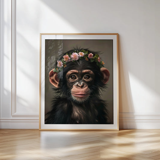 Adorable baby chimpanzee with flower crown – printable jungle nursery wall art for kids rooms or thoughtful gifts. This sweet ape artwork brings warmth, curiosity, and wild charm into any space. Perfect for baby showers, wildlife lovers or modern nursery decor. Delivered as high-resolution digital files in multiple sizes, ready to print at home or professionally. A gentle Dezinbazar original.