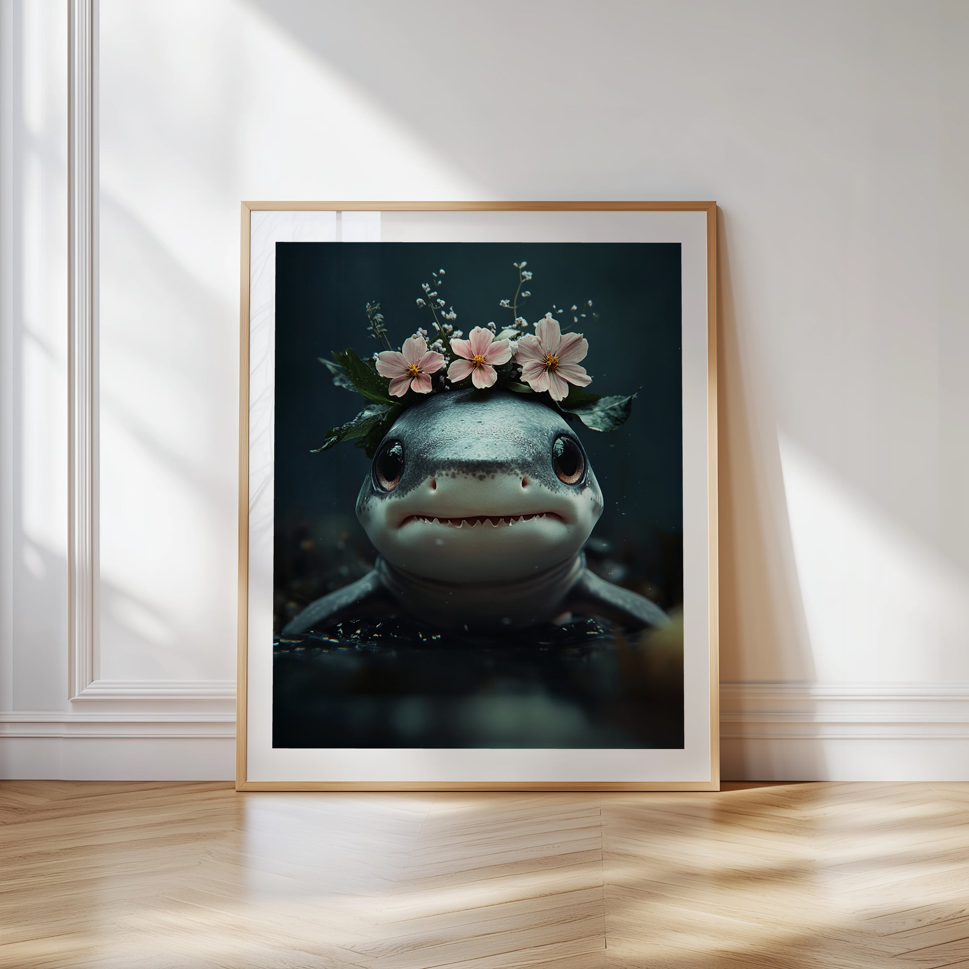 Adorable baby shark with floral elements – high-quality printed poster for nursery or kids room. This charming ocean-themed wall art brings a gentle maritime touch to any space. Perfect as a gift for sea life lovers, baby showers, or beach-style decor. Professionally printed and shipped, ready to frame and enjoy. A cute and calming design that adds joy to children's spaces. Frame not included.