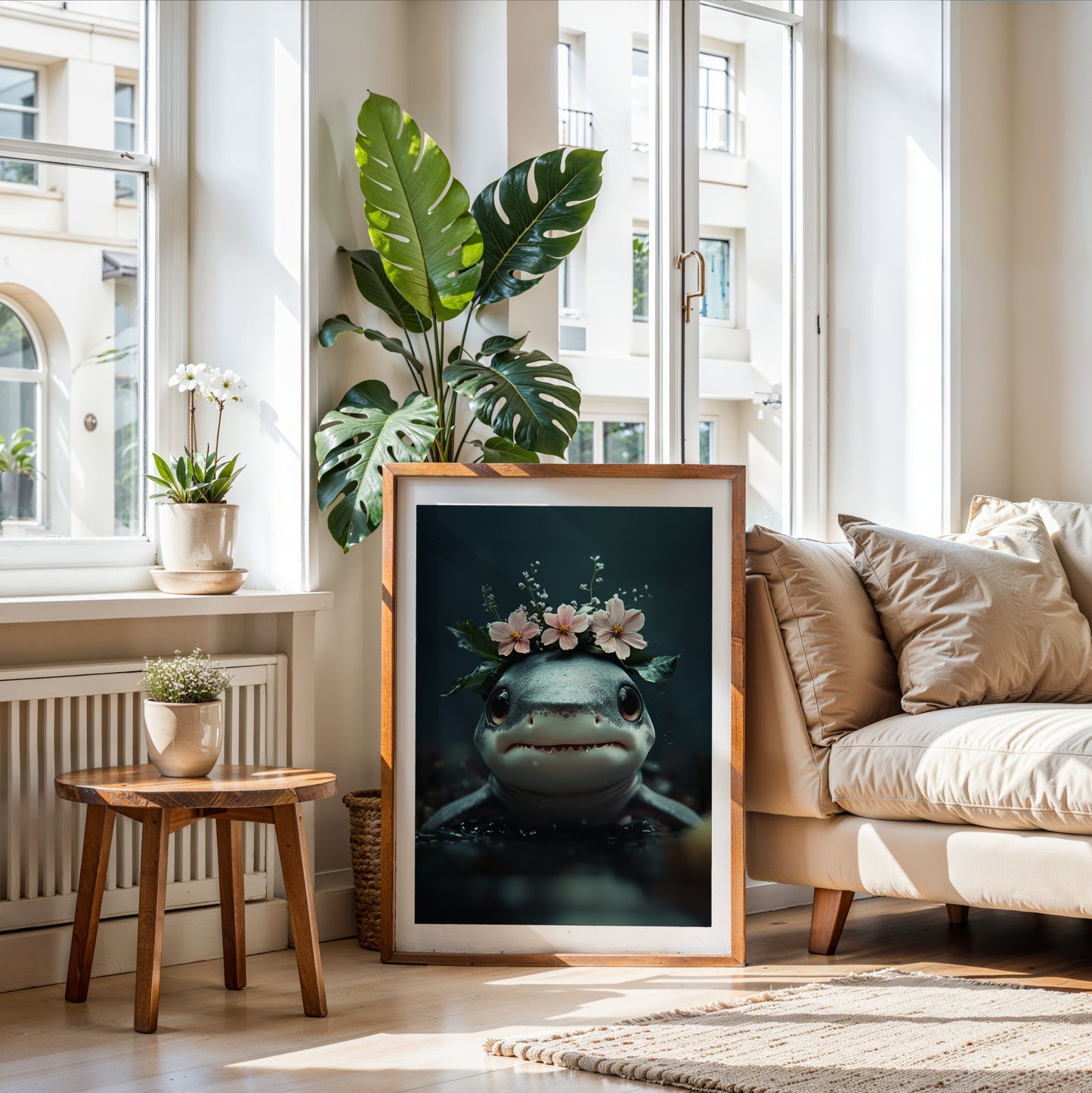 Adorable baby shark with floral elements – high-quality printed poster for nursery or kids room. This charming ocean-themed wall art brings a gentle maritime touch to any space. Perfect as a gift for sea life lovers, baby showers, or beach-style decor. Professionally printed and shipped, ready to frame and enjoy. A cute and calming design that adds joy to children's spaces. Frame not included.
