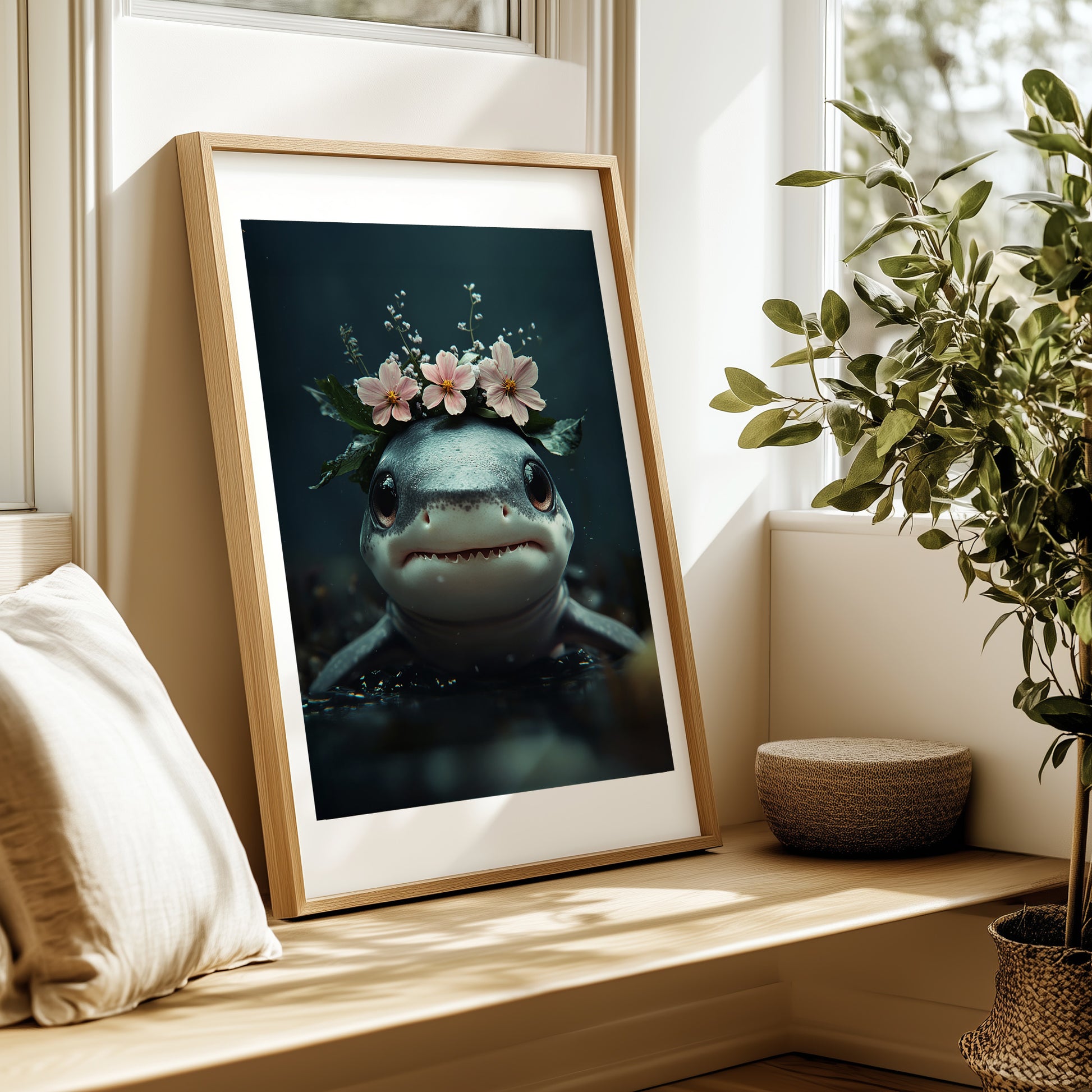 Adorable baby shark with floral elements – high-quality printed poster for nursery or kids room. This charming ocean-themed wall art brings a gentle maritime touch to any space. Perfect as a gift for sea life lovers, baby showers, or beach-style decor. Professionally printed and shipped, ready to frame and enjoy. A cute and calming design that adds joy to children's spaces. Frame not included.