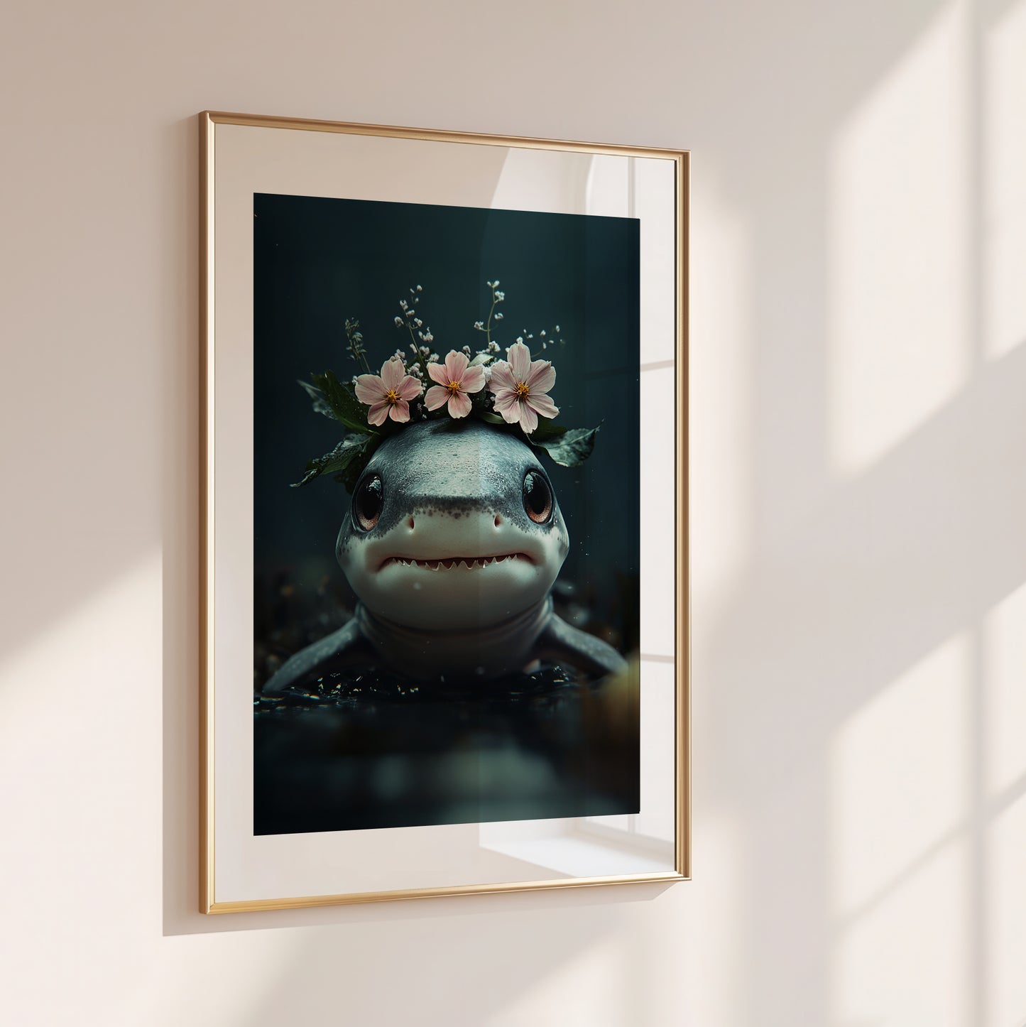 Adorable baby shark with floral elements – high-quality printed poster for nursery or kids room. This charming ocean-themed wall art brings a gentle maritime touch to any space. Perfect as a gift for sea life lovers, baby showers, or beach-style decor. Professionally printed and shipped, ready to frame and enjoy. A cute and calming design that adds joy to children's spaces. Frame not included.