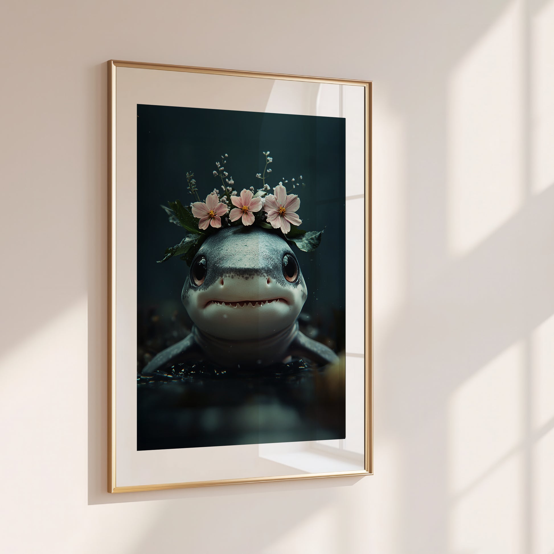 Adorable baby shark with floral elements – high-quality printed poster for nursery or kids room. This charming ocean-themed wall art brings a gentle maritime touch to any space. Perfect as a gift for sea life lovers, baby showers, or beach-style decor. Professionally printed and shipped, ready to frame and enjoy. A cute and calming design that adds joy to children's spaces. Frame not included.