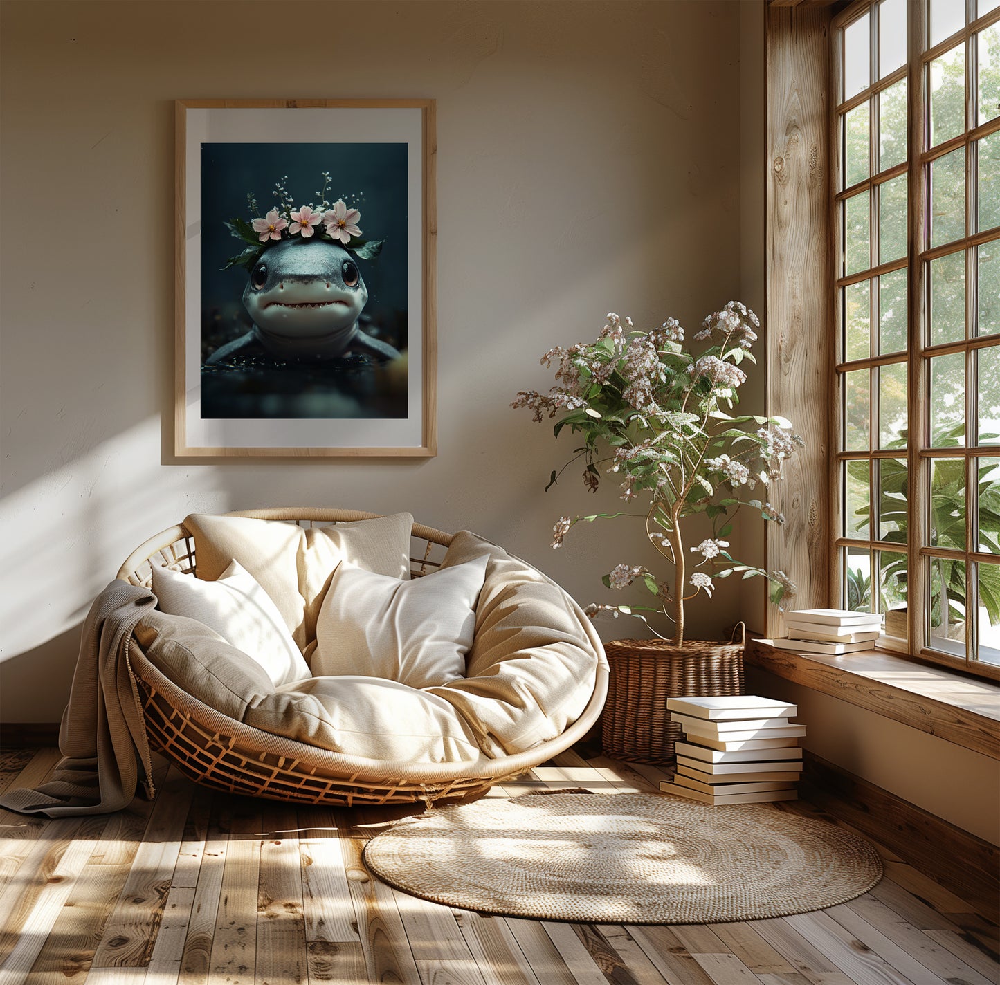 Adorable baby shark with floral elements – high-quality printed poster for nursery or kids room. This charming ocean-themed wall art brings a gentle maritime touch to any space. Perfect as a gift for sea life lovers, baby showers, or beach-style decor. Professionally printed and shipped, ready to frame and enjoy. A cute and calming design that adds joy to children's spaces. Frame not included.