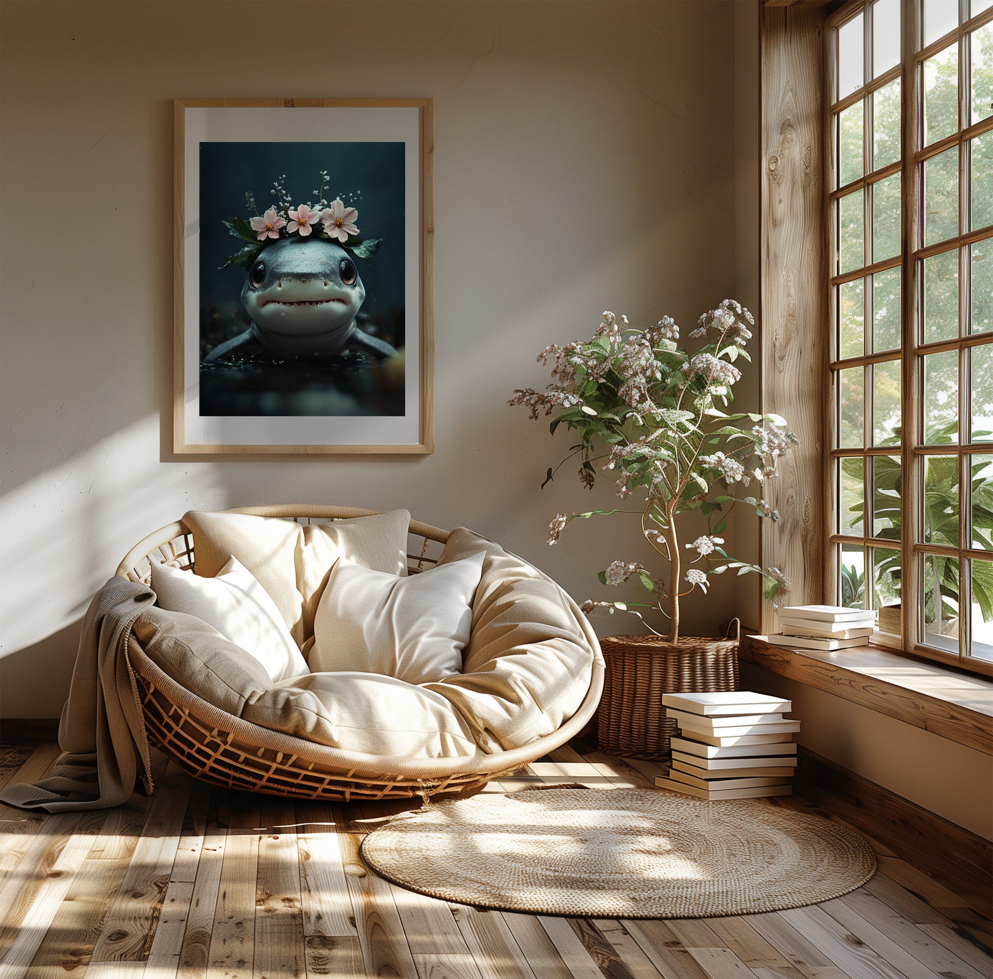 Adorable baby shark with floral elements – high-quality printed poster for nursery or kids room. This charming ocean-themed wall art brings a gentle maritime touch to any space. Perfect as a gift for sea life lovers, baby showers, or beach-style decor. Professionally printed and shipped, ready to frame and enjoy. A cute and calming design that adds joy to children's spaces. Frame not included.