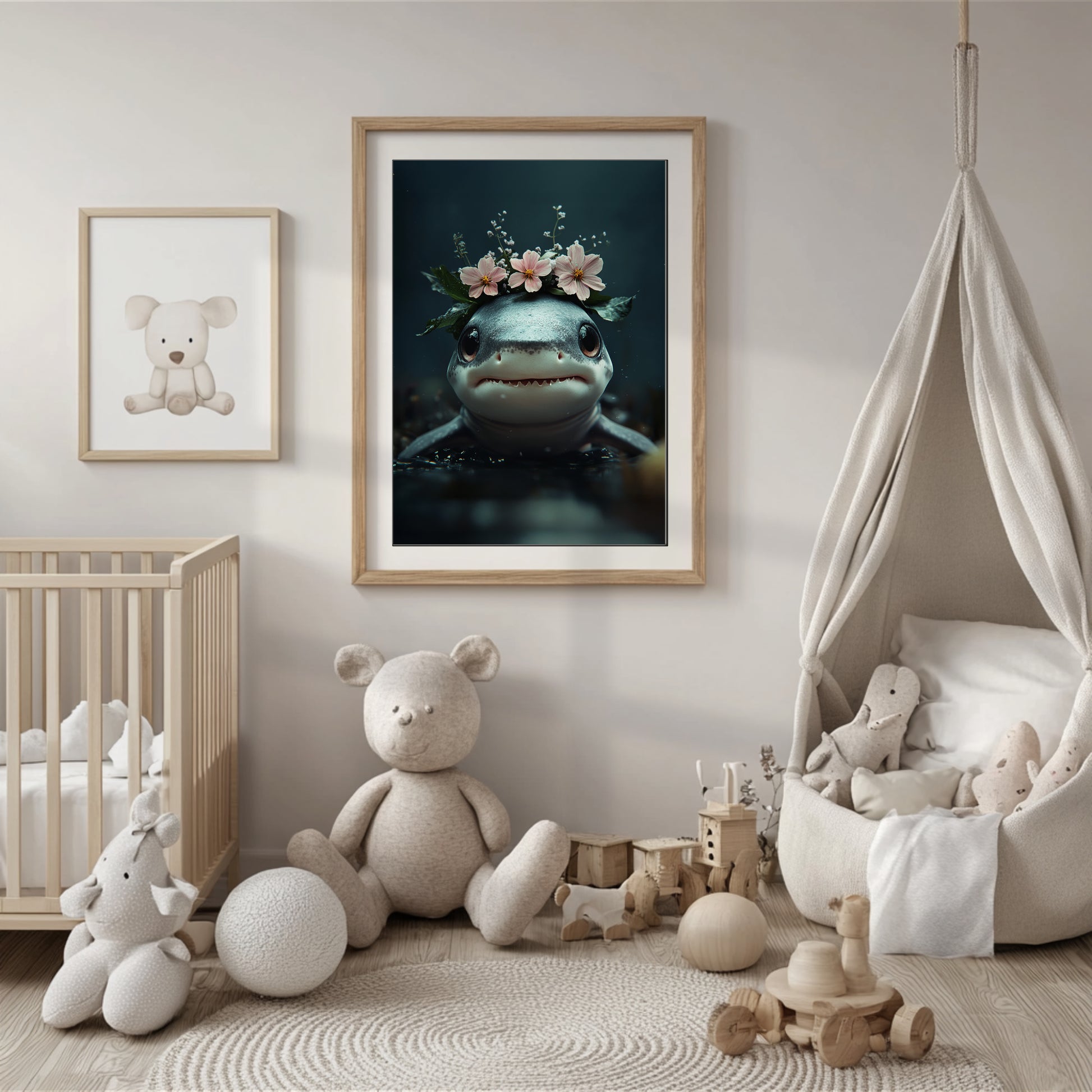 Adorable baby shark with floral elements – high-quality printed poster for nursery or kids room. This charming ocean-themed wall art brings a gentle maritime touch to any space. Perfect as a gift for sea life lovers, baby showers, or beach-style decor. Professionally printed and shipped, ready to frame and enjoy. A cute and calming design that adds joy to children's spaces. Frame not included.