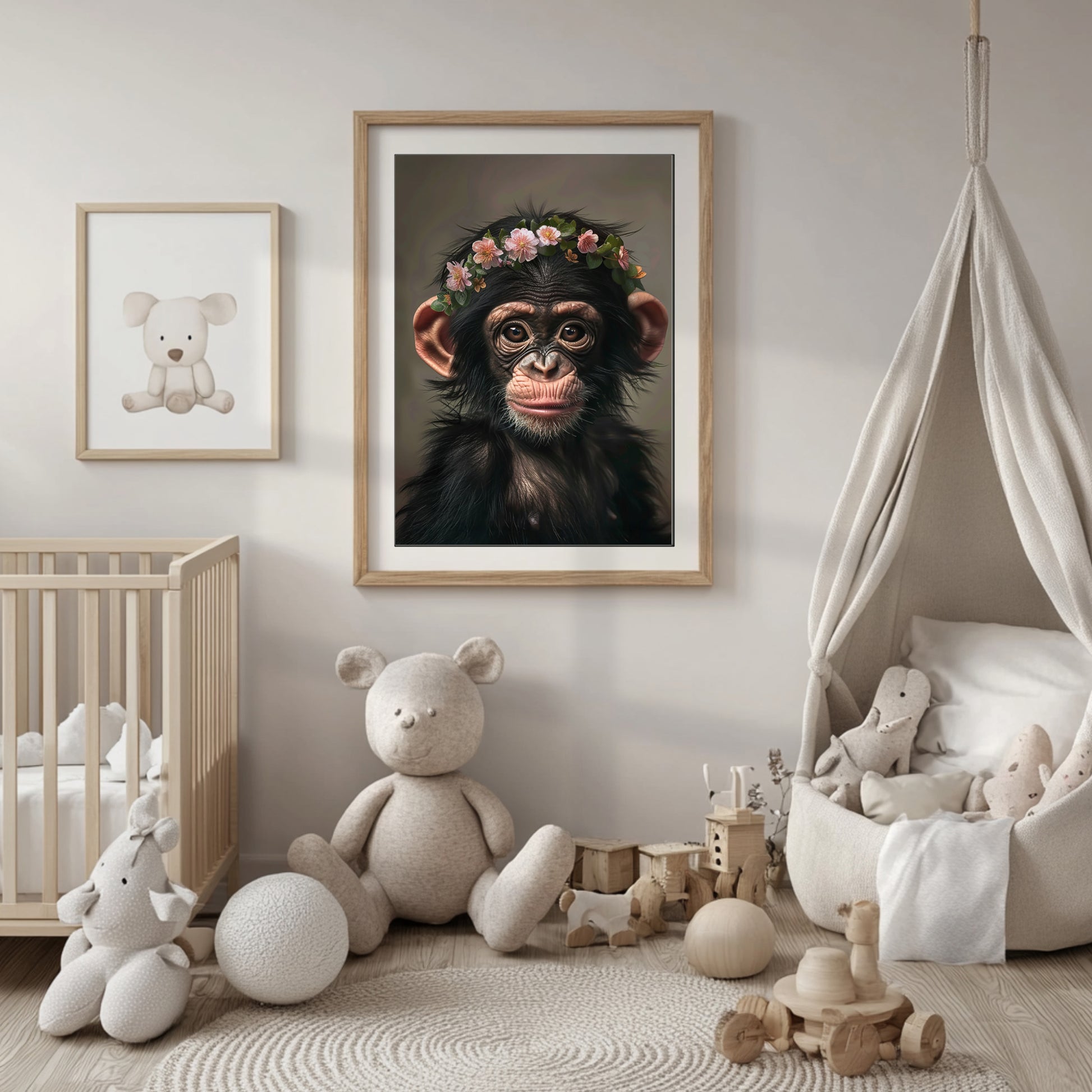 Jungle animal printable wall art bundle featuring baby tiger, chimpanzee, and parrot with flower crowns. High-resolution JPGs in 5:7 ratio, perfect for kids room or nursery. Frame-ready sizes. Be proud. Be kind. Be wild – by Dezinbazar.
