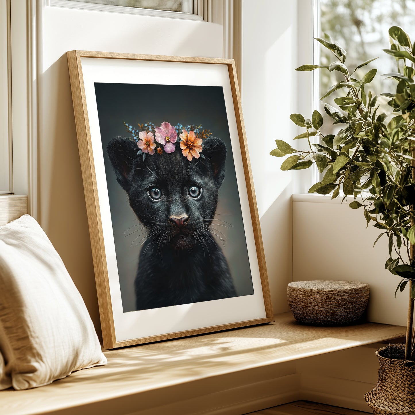 Cute black baby panther with flower crown – high-resolution digital wall art for safari or jungle-themed nursery. This printable artwork brings strength and softness into the kids room and makes a thoughtful baby shower gift. Includes various size formats for easy printing at home or professionally. A unique Dezinbazar design that combines wildlife beauty with gentle nursery charm. Instant download included.