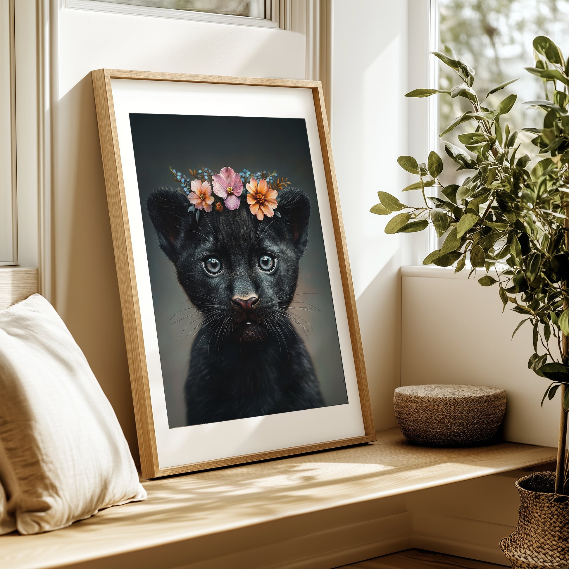Cute black baby panther with flower crown – high-resolution digital wall art for safari or jungle-themed nursery. This printable artwork brings strength and softness into the kids room and makes a thoughtful baby shower gift. Includes various size formats for easy printing at home or professionally. A unique Dezinbazar design that combines wildlife beauty with gentle nursery charm. Instant download included.