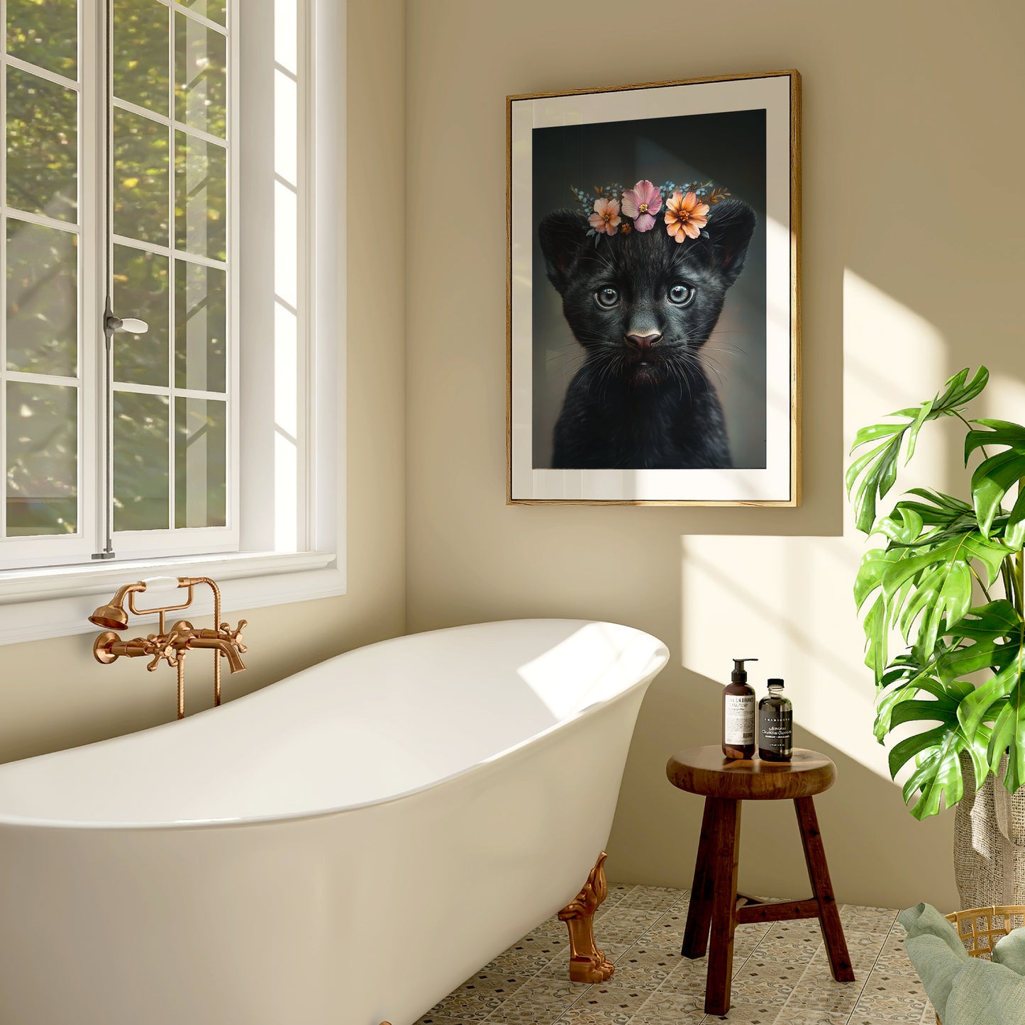 Cute black baby panther with flower crown – high-resolution digital wall art for safari or jungle-themed nursery. This printable artwork brings strength and softness into the kids room and makes a thoughtful baby shower gift. Includes various size formats for easy printing at home or professionally. A unique Dezinbazar design that combines wildlife beauty with gentle nursery charm. Instant download included..