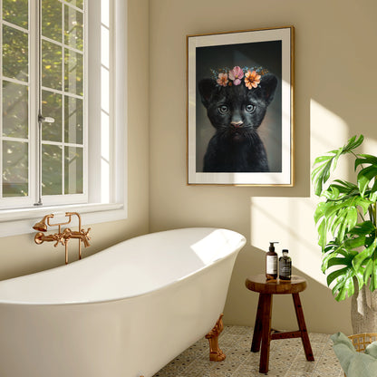 Cute black baby panther with flower crown – high-resolution digital wall art for safari or jungle-themed nursery. This printable artwork brings strength and softness into the kids room and makes a thoughtful baby shower gift. Includes various size formats for easy printing at home or professionally. A unique Dezinbazar design that combines wildlife beauty with gentle nursery charm. Instant download included..