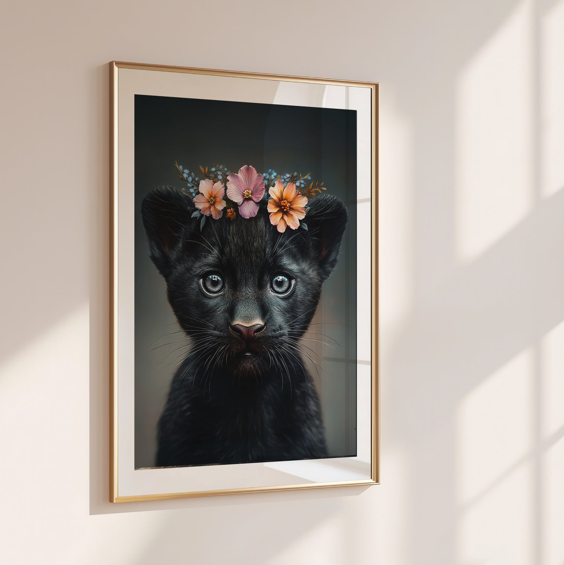 Cute black baby panther with flower crown – high-resolution digital wall art for safari or jungle-themed nursery. This printable artwork brings strength and softness into the kids room and makes a thoughtful baby shower gift. Includes various size formats for easy printing at home or professionally. A unique Dezinbazar design that combines wildlife beauty with gentle nursery charm. Instant download included.