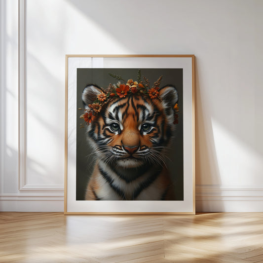 Adorable baby tiger with flower crown – printable jungle nursery wall art for kids room, safari-themed baby space or playroom. Includes 4 high-res JPGs. A Dezinbazar original.