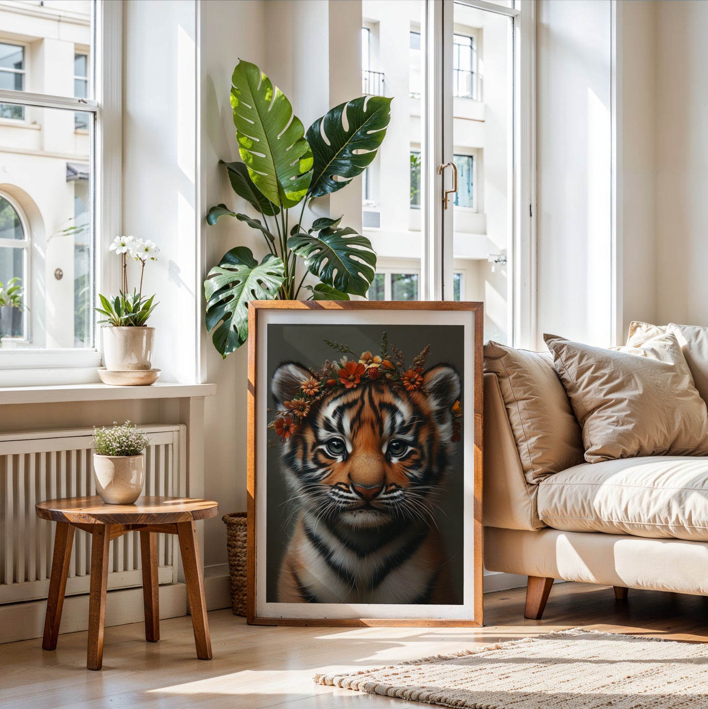 Adorable baby tiger with flower crown – high-resolution digital print for instant download. This playful yet elegant animal artwork is perfect for nurseries, kids rooms, or creative spaces. A charming and gentle design ideal as a gift for nature lovers or jungle-themed decor. Includes 300 DPI JPEGs in multiple sizes for easy printing or digital display. No physical item, frame, or decor included.