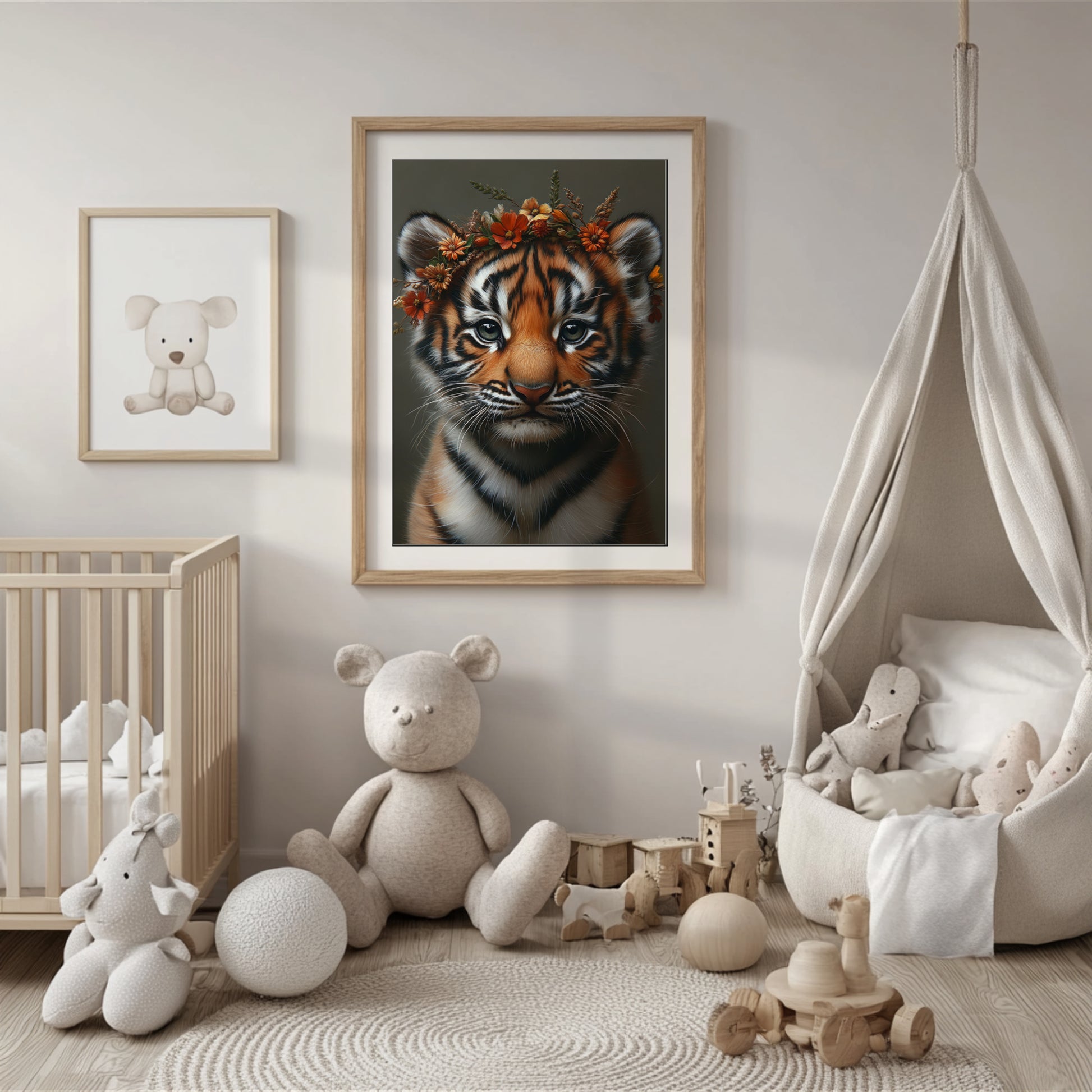 Adorable baby tiger with flower crown – high-resolution digital print for instant download. This playful yet elegant animal artwork is perfect for nurseries, kids rooms, or creative spaces. A charming and gentle design ideal as a gift for nature lovers or jungle-themed decor. Includes 300 DPI JPEGs in multiple sizes for easy printing or digital display. No physical item, frame, or decor included.