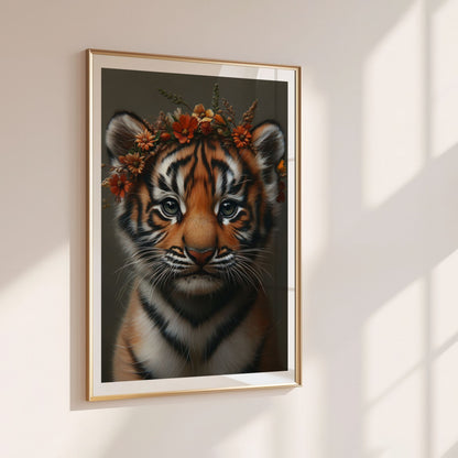 Adorable baby tiger with flower crown – high-resolution digital print for instant download. This playful yet elegant animal artwork is perfect for nurseries, kids rooms, or creative spaces. A charming and gentle design ideal as a gift for nature lovers or jungle-themed decor. Includes 300 DPI JPEGs in multiple sizes for easy printing or digital display. No physical item, frame, or decor included.