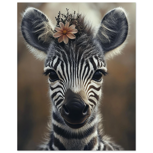 Baby zebra poster with cute safari charm and floral crown, designed for jungle nurseries or kids rooms. Printed on 200 gsm semi-glossy FSC-certified paper, available in sizes A4–A0, 30×40 cm, 50×70 cm. A sweet, eco-friendly wall art piece perfect for safari nursery decor or baby room gifts. Be proud. Be kind. Be wild – by Dezinbazar.
