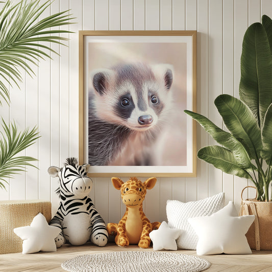 Adorable baby badger with soft pastel background – printable woodland wall art for nursery or kids room. High-resolution JPGs in 4 formats.