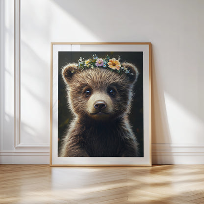 
Adorable baby bear wall art printable featuring a bear cub with a floral crown. Perfect for woodland-themed nursery decor, kids’ room wall art, or animal lovers. This digital download includes high-resolution files in multiple sizes for easy at-home or professional printing. Soft colors and a gentle expression make it ideal for baby rooms or as a thoughtful gift. A unique Dezinbazar design for cozy, nature-inspired interiors.