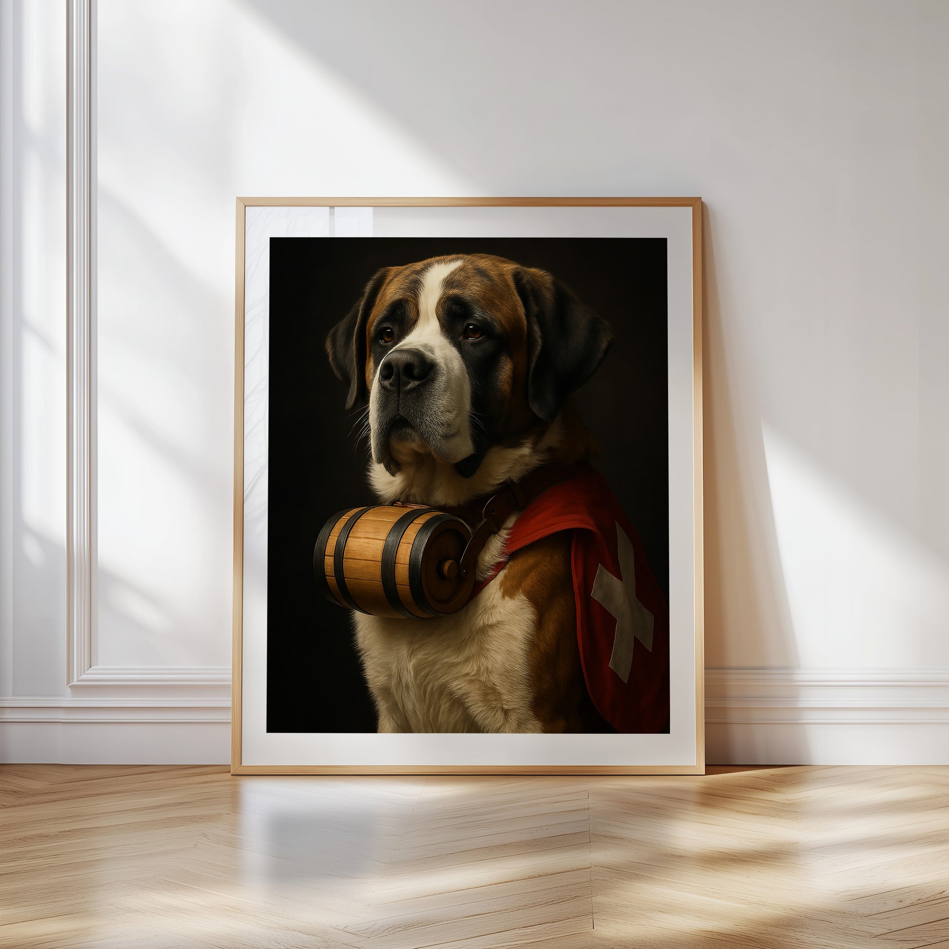 Hyper-realistic digital art print of a Swiss Saint Bernard dog wearing a traditional red vest with the Swiss flag and a brandy barrel collar. This iconic alpine dog design is perfect for mountain cabins, pet lovers, or rustic home decor. Comes in multiple printable sizes and fits IKEA frames. Great for those who love Switzerland or rescue dog symbolism. Be proud. Be kind. Be wild – by Dezinbazar.