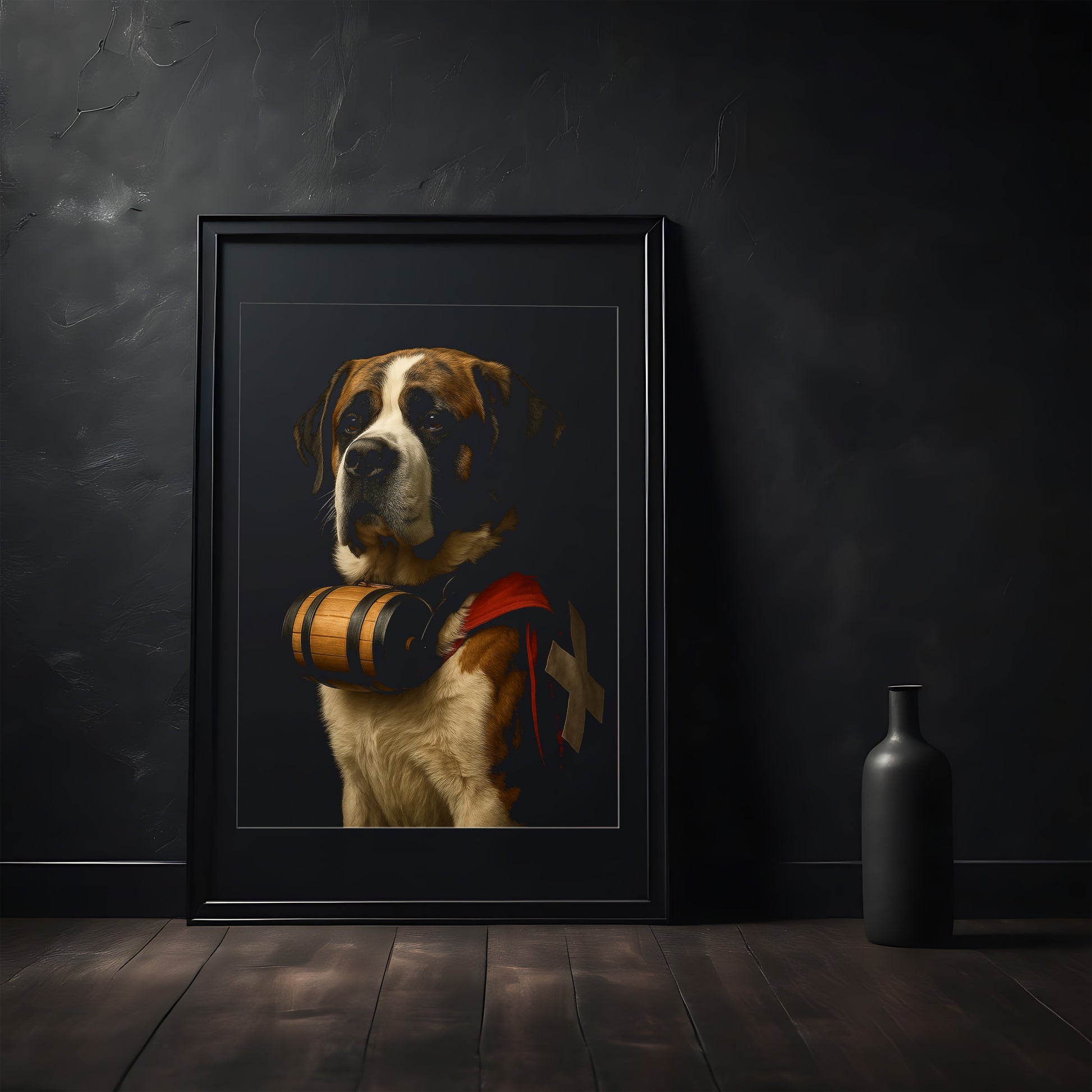 Hyper-realistic digital art print of a Swiss Saint Bernard dog wearing a traditional red vest with the Swiss flag and a brandy barrel collar. This iconic alpine dog design is perfect for mountain cabins, pet lovers, or rustic home decor. Comes in multiple printable sizes and fits IKEA frames. Great for those who love Switzerland or rescue dog symbolism. Be proud. Be kind. Be wild – by Dezinbazar.
