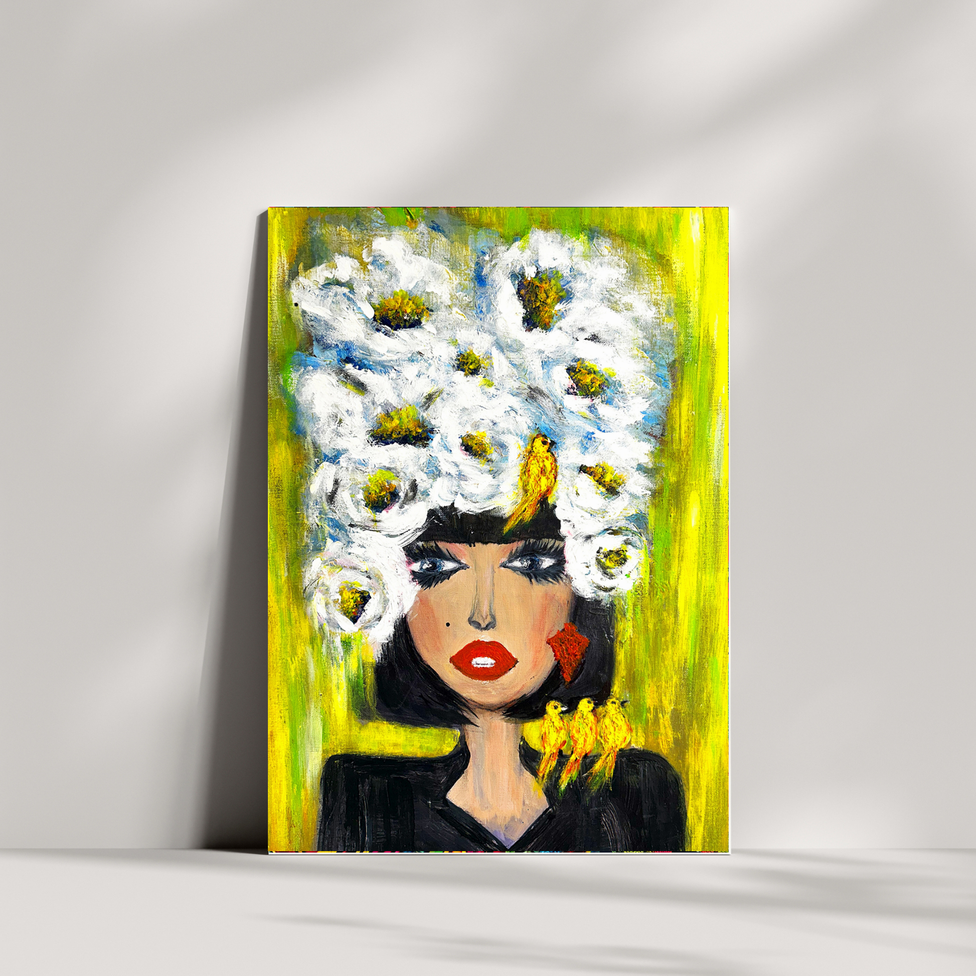 Pop Art digital print featuring floral crown and birds – high-resolution artwork for instant download. A vibrant and stylish piece for living rooms, offices, or studios. Combines nature and artistic flair, perfect for lovers of modern wall art. Great gift idea for art and design fans. Includes 300 DPI JPEG files in multiple sizes for easy printing. No physical item, frame, or decor included.