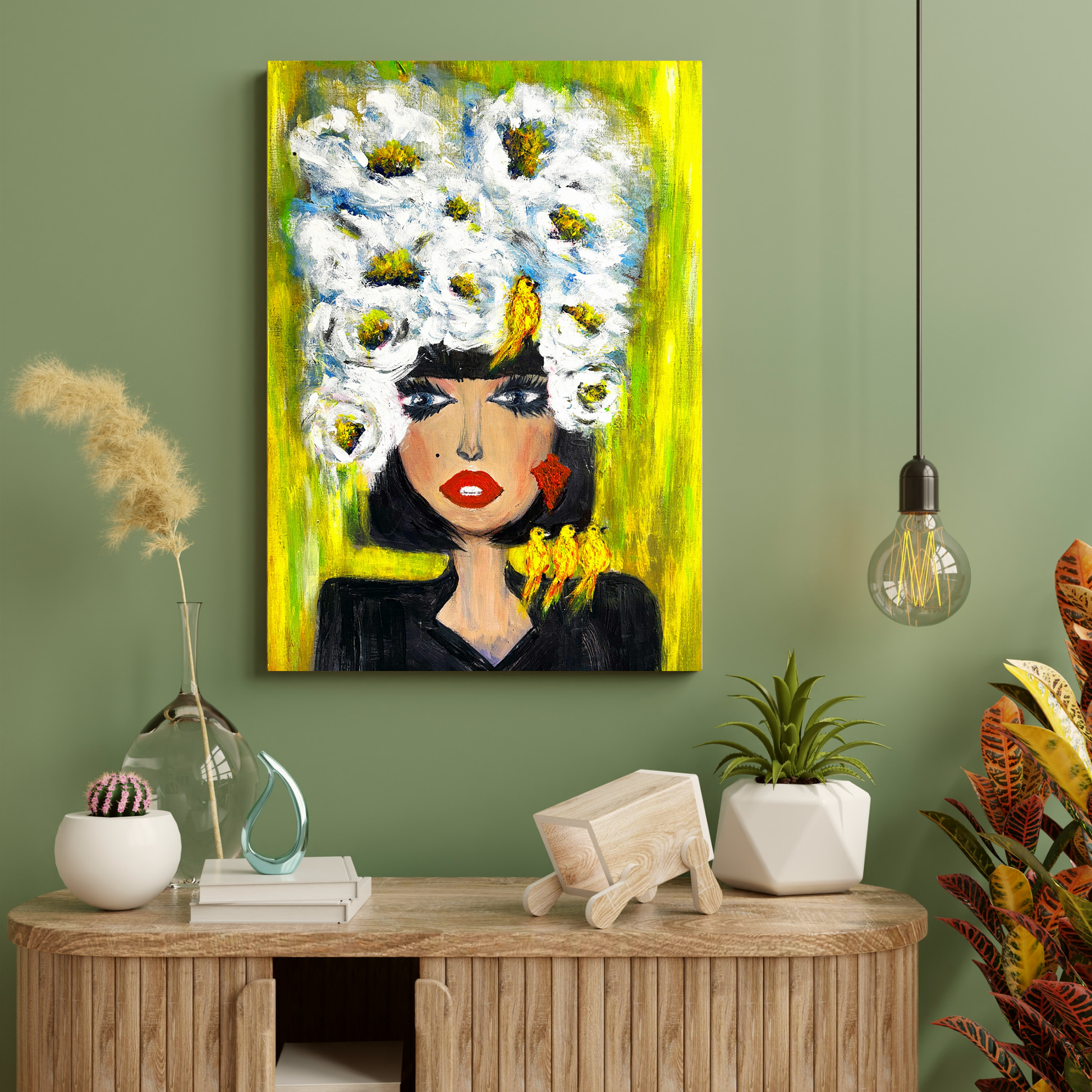 Pop Art digital print featuring floral crown and birds – high-resolution artwork for instant download. A vibrant and stylish piece for living rooms, offices, or studios. Combines nature and artistic flair, perfect for lovers of modern wall art. Great gift idea for art and design fans. Includes 300 DPI JPEG files in multiple sizes for easy printing. No physical item, frame, or decor included.