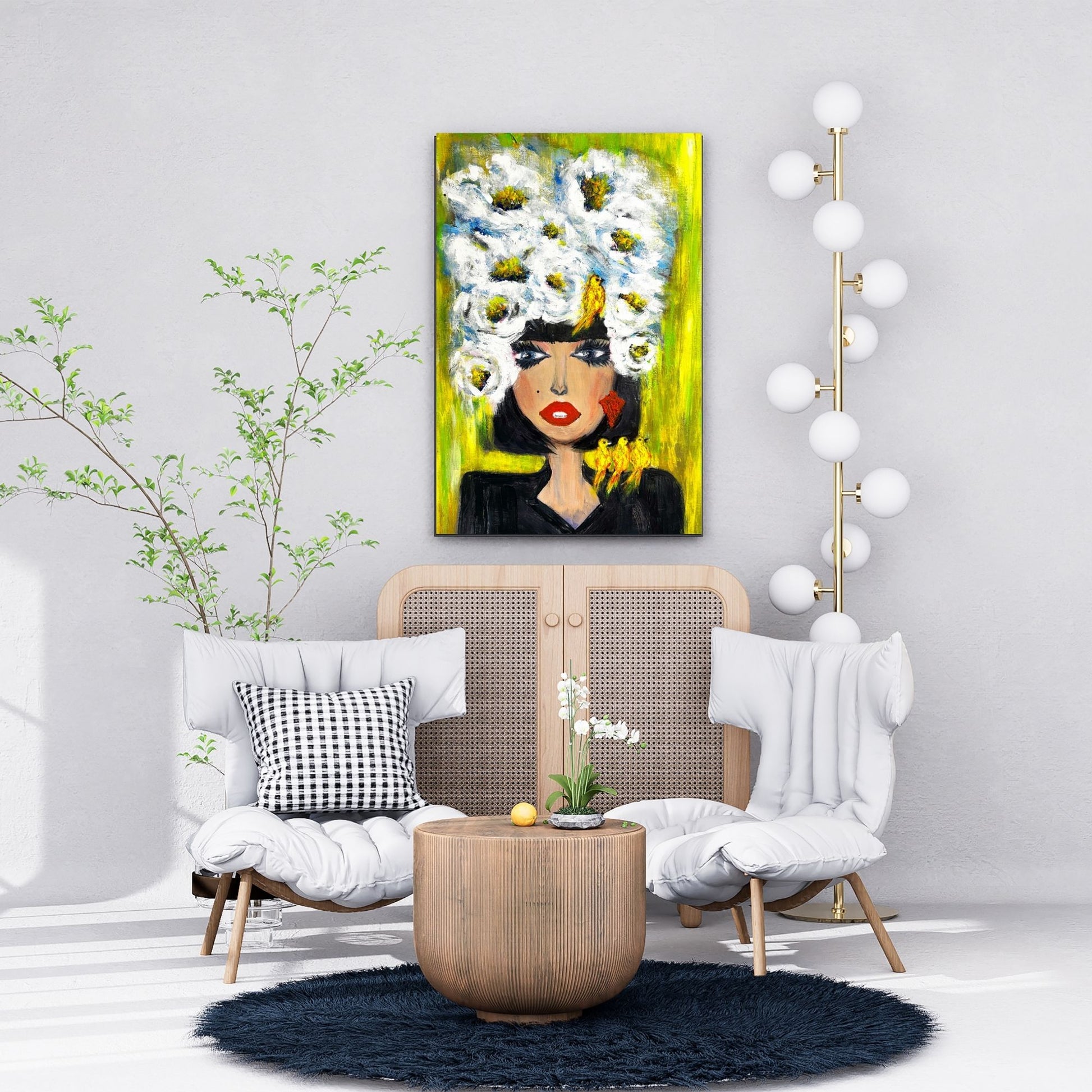 Pop Art digital print featuring floral crown and birds – high-resolution artwork for instant download. A vibrant and stylish piece for living rooms, offices, or studios. Combines nature and artistic flair, perfect for lovers of modern wall art. Great gift idea for art and design fans. Includes 300 DPI JPEG files in multiple sizes for easy printing. No physical item, frame, or decor included.