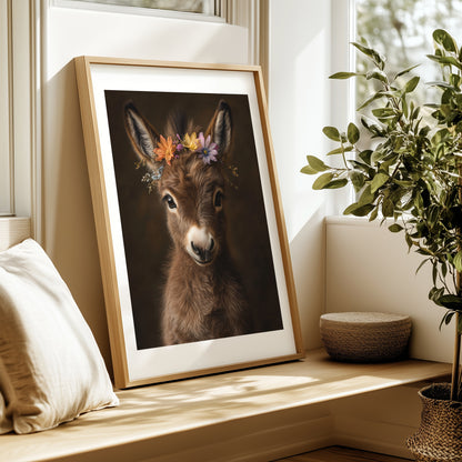 Adorable brown baby donkey with flower crown – a sweet and rustic printable wall art piece, perfect for farm-themed nursery decor or baby gifts. High-resolution JPGs in multiple sizes for instant download. Gentle and charming, this digital artwork from Dezinbazar adds warmth and character to any child’s room or rustic home.