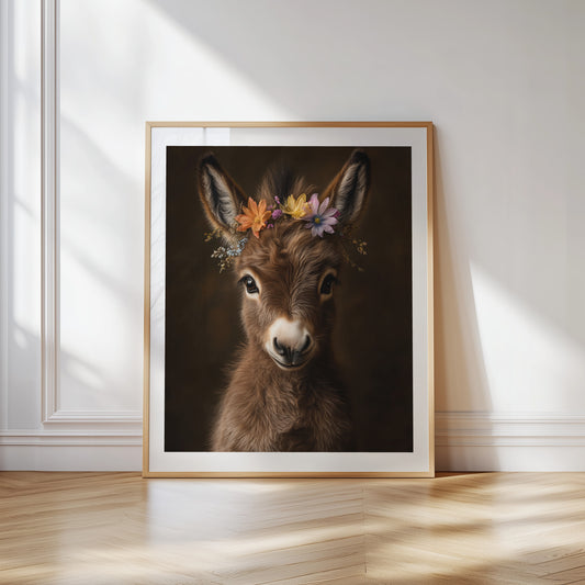 Adorable brown baby donkey with flower crown – a sweet and rustic printable wall art piece, perfect for farm-themed nursery decor or baby gifts. High-resolution JPGs in multiple sizes for instant download. Gentle and charming, this digital artwork from Dezinbazar adds warmth and character to any child’s room or rustic home.