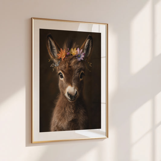 Adorable brown baby donkey with flower crown – a sweet and rustic printable wall art piece, perfect for farm-themed nursery decor or baby gifts. High-resolution JPGs in multiple sizes for instant download. Gentle and charming, this digital artwork from Dezinbazar adds warmth and character to any child’s room or rustic home.