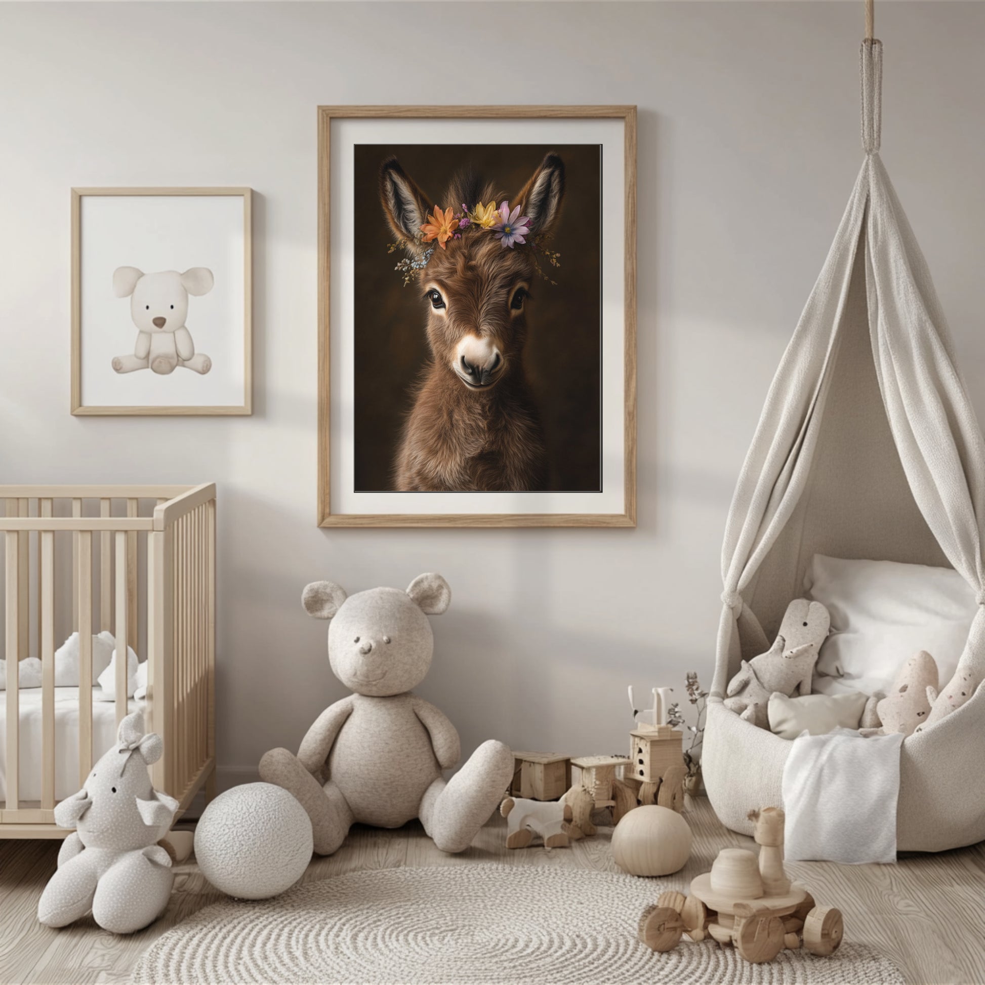 Adorable brown baby donkey with flower crown – a sweet and rustic printable wall art piece, perfect for farm-themed nursery decor or baby gifts. High-resolution JPGs in multiple sizes for instant download. Gentle and charming, this digital artwork from Dezinbazar adds warmth and character to any child’s room or rustic home.