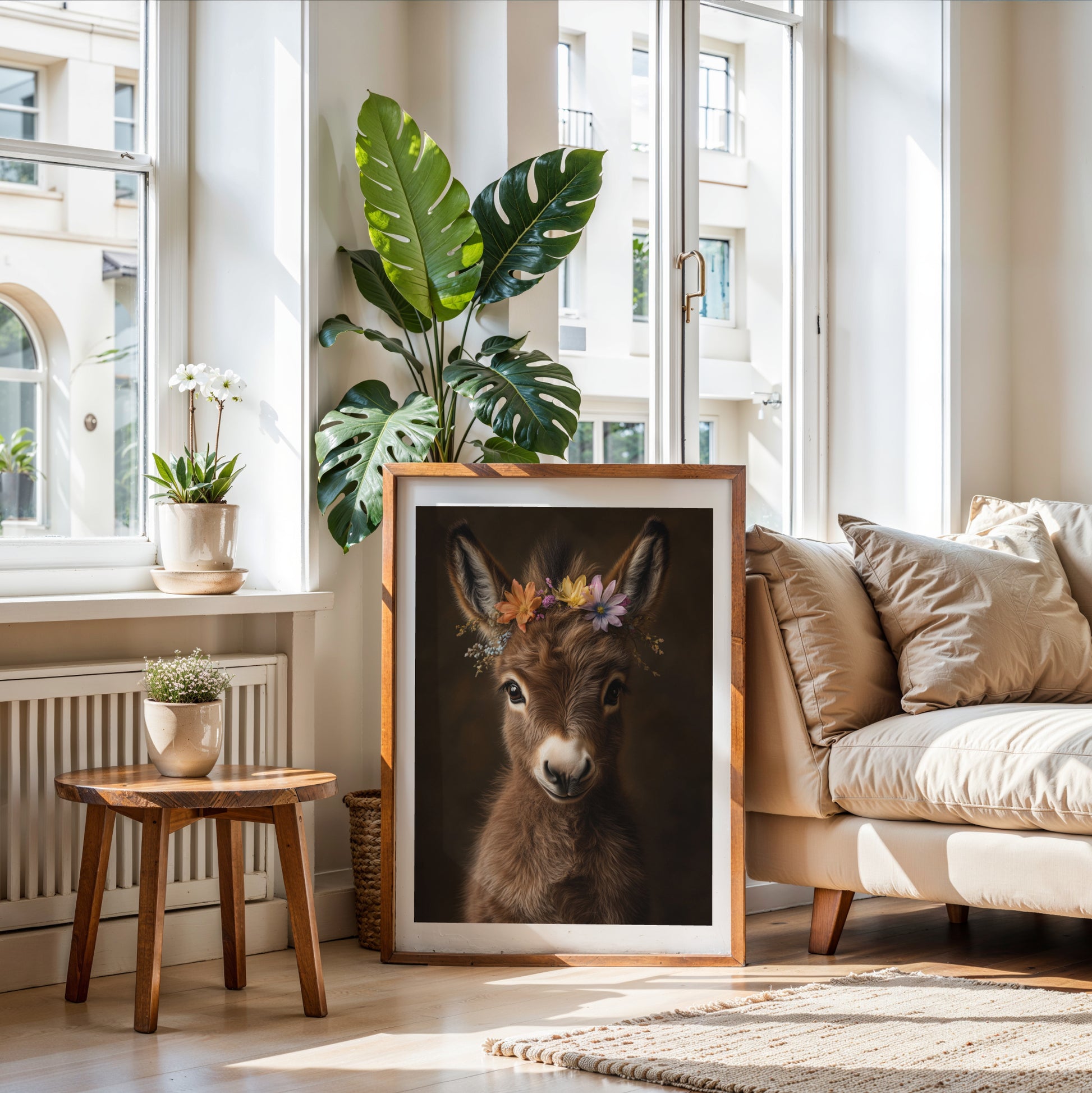 Adorable brown baby donkey with flower crown – a sweet and rustic printable wall art piece, perfect for farm-themed nursery decor or baby gifts. High-resolution JPGs in multiple sizes for instant download. Gentle and charming, this digital artwork from Dezinbazar adds warmth and character to any child’s room or rustic home.