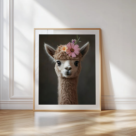 Cute baby camel with flower crown – printable desert animal nursery wall art for kids room, baby room or boho-themed decor. Includes 4 high-res JPGs. A Dezinbazar original.