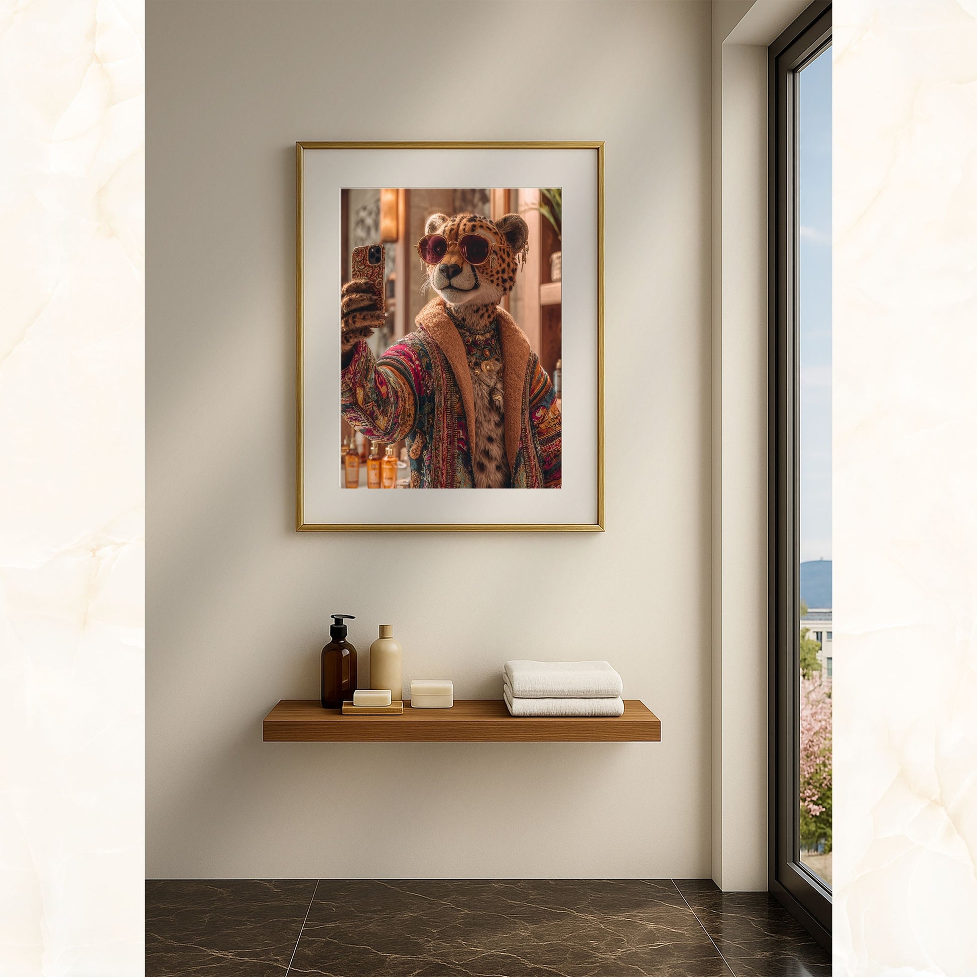 Digital art print of a stylish cheetah woman taking a selfie in a modern bathroom. She wears a colorful patterned robe, jewelry, and sunglasses, combining humor and chic jungle vibes. Perfect printable wall art for bathrooms, living rooms, or as a unique gift. Includes DIN A5–A0, 4:5, 3:4, and 30×40/50×70 cm sizes for easy printing.