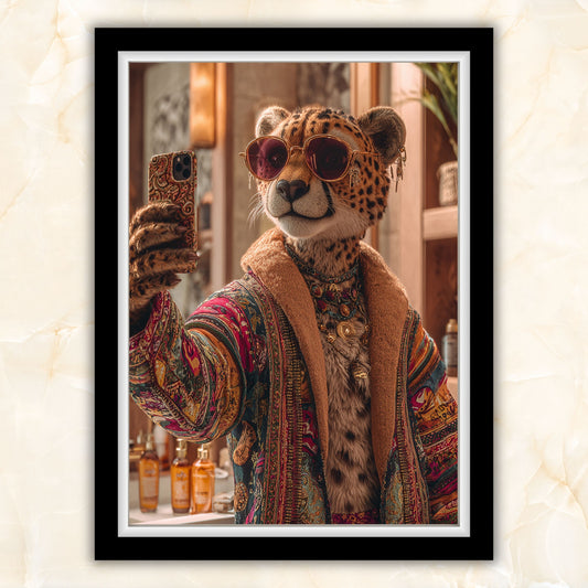 Digital art print of a stylish cheetah woman taking a selfie in a modern bathroom. She wears a colorful patterned robe, jewelry, and sunglasses, combining humor and chic jungle vibes. Perfect printable wall art for bathrooms, living rooms, or as a unique gift. Includes DIN A5–A0, 4:5, 3:4, and 30×40/50×70 cm sizes for easy printing.