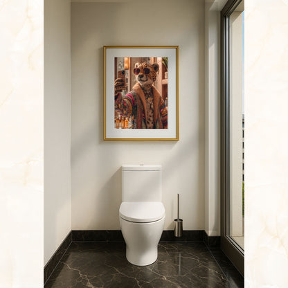 Digital art print of a stylish cheetah woman taking a selfie in a modern bathroom. She wears a colorful patterned robe, jewelry, and sunglasses, combining humor and chic jungle vibes. Perfect printable wall art for bathrooms, living rooms, or as a unique gift. Includes DIN A5–A0, 4:5, 3:4, and 30×40/50×70 cm sizes for easy printing.
