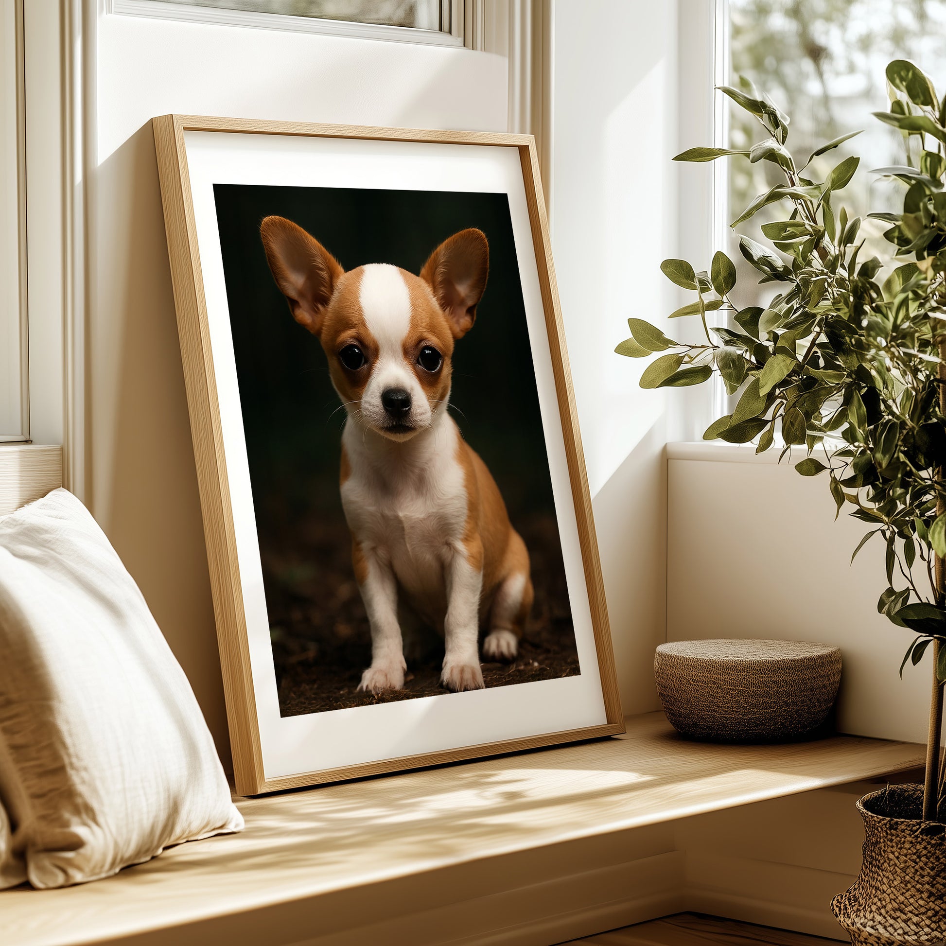 Adorable baby chihuahua poster printed on premium semi-glossy paper, featuring a big-eyed brown puppy with a sweet, gentle expression. Available in sizes from A4 to A0 and 30×40 to 50×70 cm – fits standard IKEA frames. Perfect for dog-themed nurseries, kids' rooms, or as a thoughtful gift for pet lovers. High-quality, FSC-certified print with vibrant colors and soft texture. Be proud. Be kind. Be wild – by Dezinbazar.